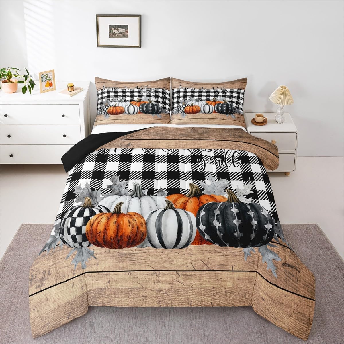 Fall Pumpkins Comforter Set King Rustic Farmhouse Thanksgiving Theme Bedding Set Black White Buffalo Plaid Bedding Comforter Sets Happy Autumn Fall Quilt Duvet Wooden Board Home Room Decor 3 Pcs
