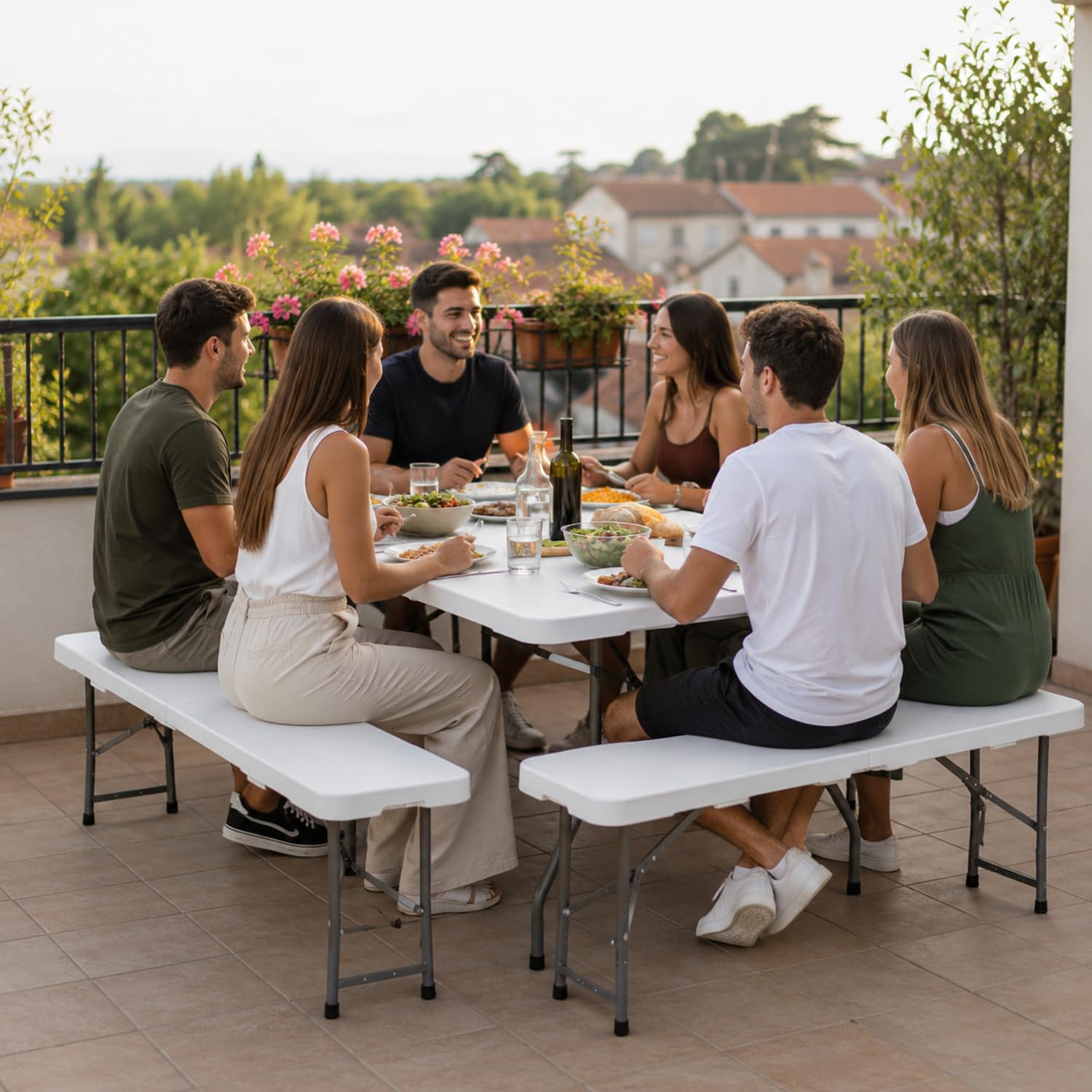 PALUPLUS Set Tavolo Catering con 2 Panche Pieghevoli, Tavolo da 180x71x74 cm e Panca da 180x29x43 cm, Set a Valigetta in Resina con Struttura in Metallo e Maniglia per trasporto -344F/8745F -28