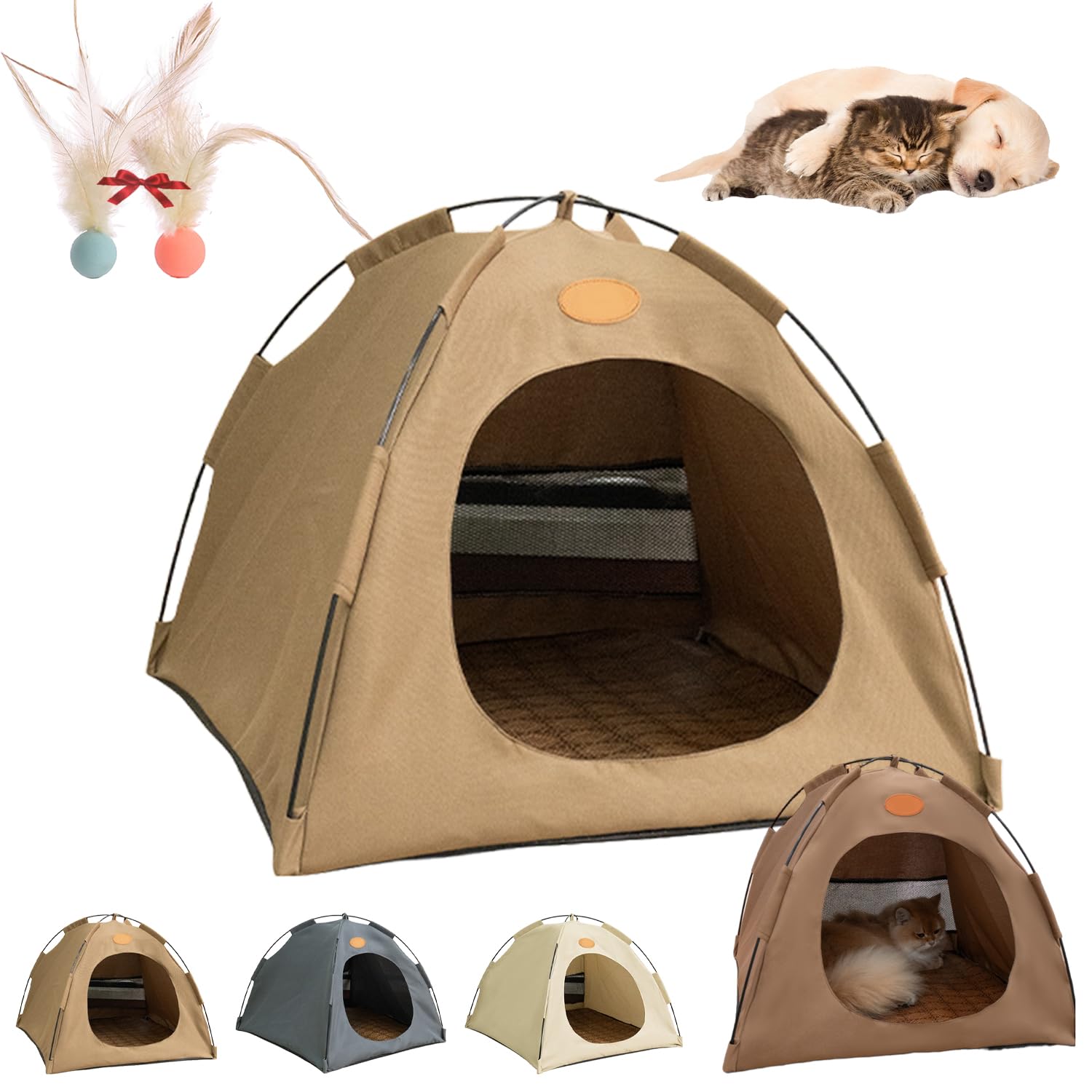 Breezyden Pop-Up Pet Tent, Portable Hideaway for Cats & Small Dogs, Cat Tents for Indoor Cats, Foldable Pet House for Indoor and Outdoor with Mesh Windows with Soft Cooling Pad (Coffee,S)