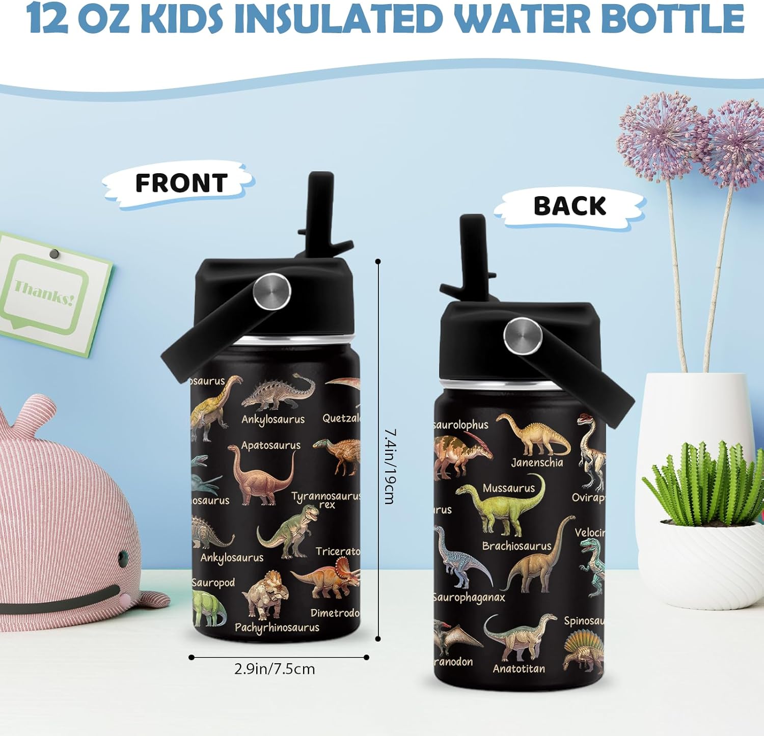 Dinosaur Gifts for Kids Boys, 12 oz Water Bottle with Straw Lid, Stainless Steel Vacuum Insulated Bottle, Leakproof, Dinosaur Cup Gifts for Birthday Holiday - Image 2