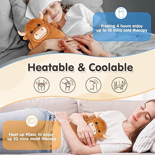 Miniatura 3 de Highland Cow Almohadillas térmicas para microondas para vientre, cuello y hombros, felpa calentable con calor húmedo, funda de felpa extraíble,