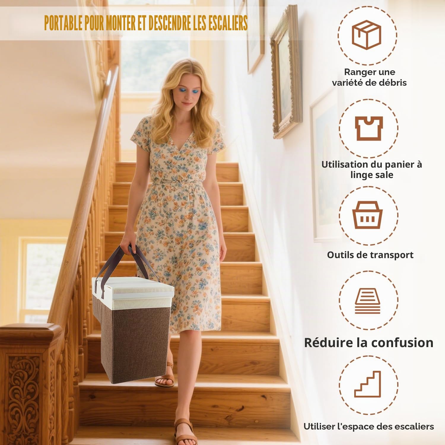 Panier pliable en lin avec poignée et couvercle, sac d'escalier, panier à linge, peu encombrant, en feutre, organisateur pour linge, jouets (marron)