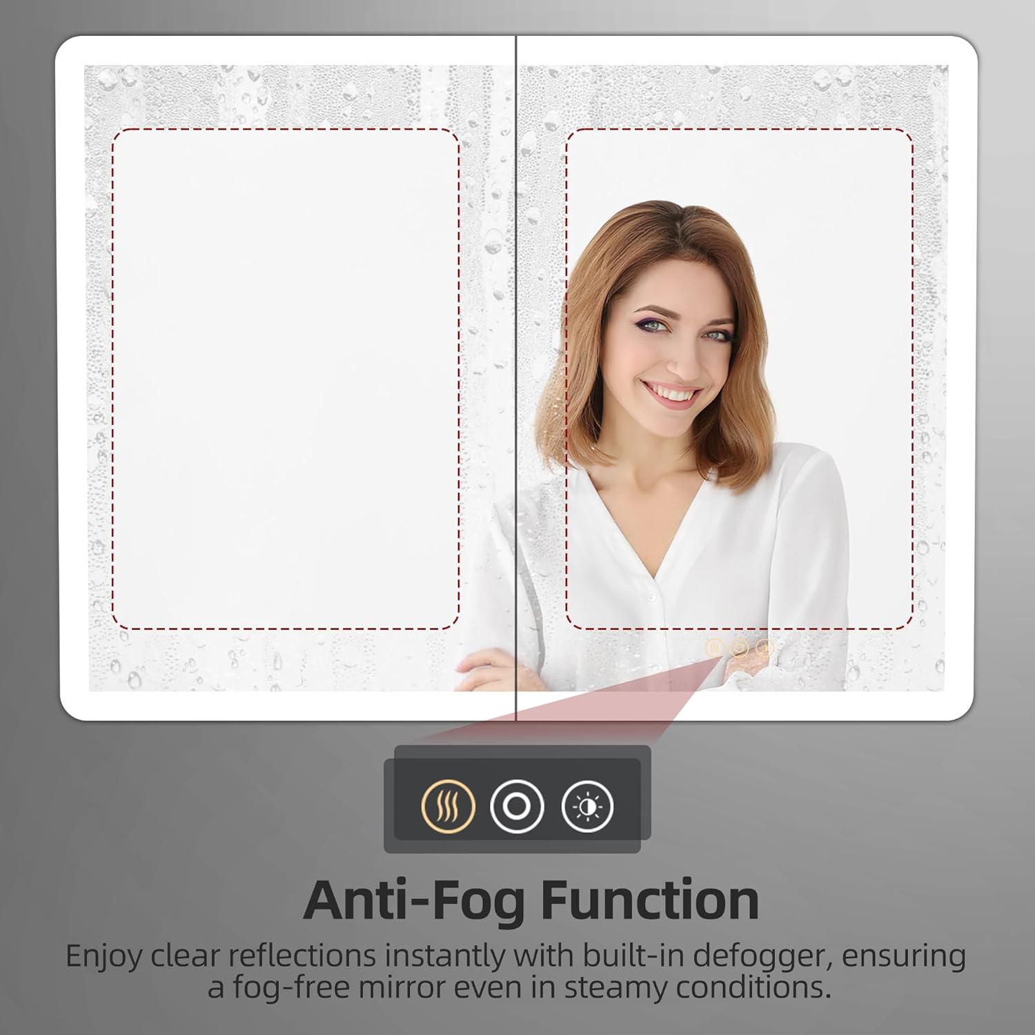 Close-up of integrated electrical outlet and USB ports, adjustable tempered glass shelves, DTC soft-close hinges, and rounded edges of the medicine cabinet.
