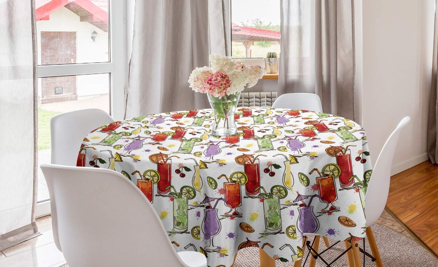 ABAKUHAUSBar Round Tablecloth, Watercolor Style Cocktails Summer Party Drinks Fresh Lime and Cherry Lemon Flavor, Circle Table Cloth Cover for Dining Room Kitchen Decoration, 60", Multicolor