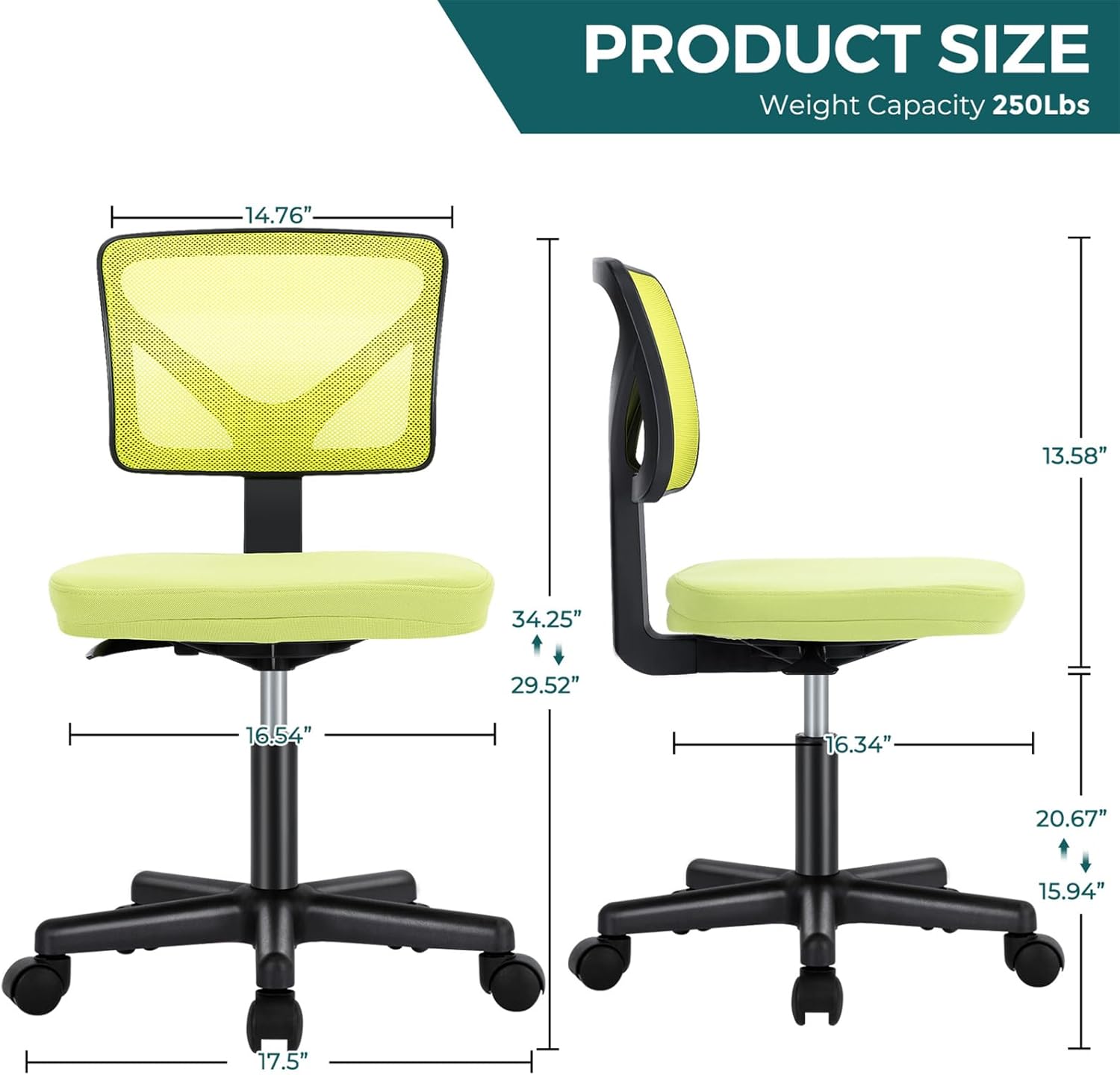 DUMOS Small Desk Chair Armless, Ergonomic Adjustable Home Office Swivel Rolling Task Chair No Arms, Comfy Mesh Mid Back Computer Work Vanity Desk Chiars with Wheels for Small Spaces, Green