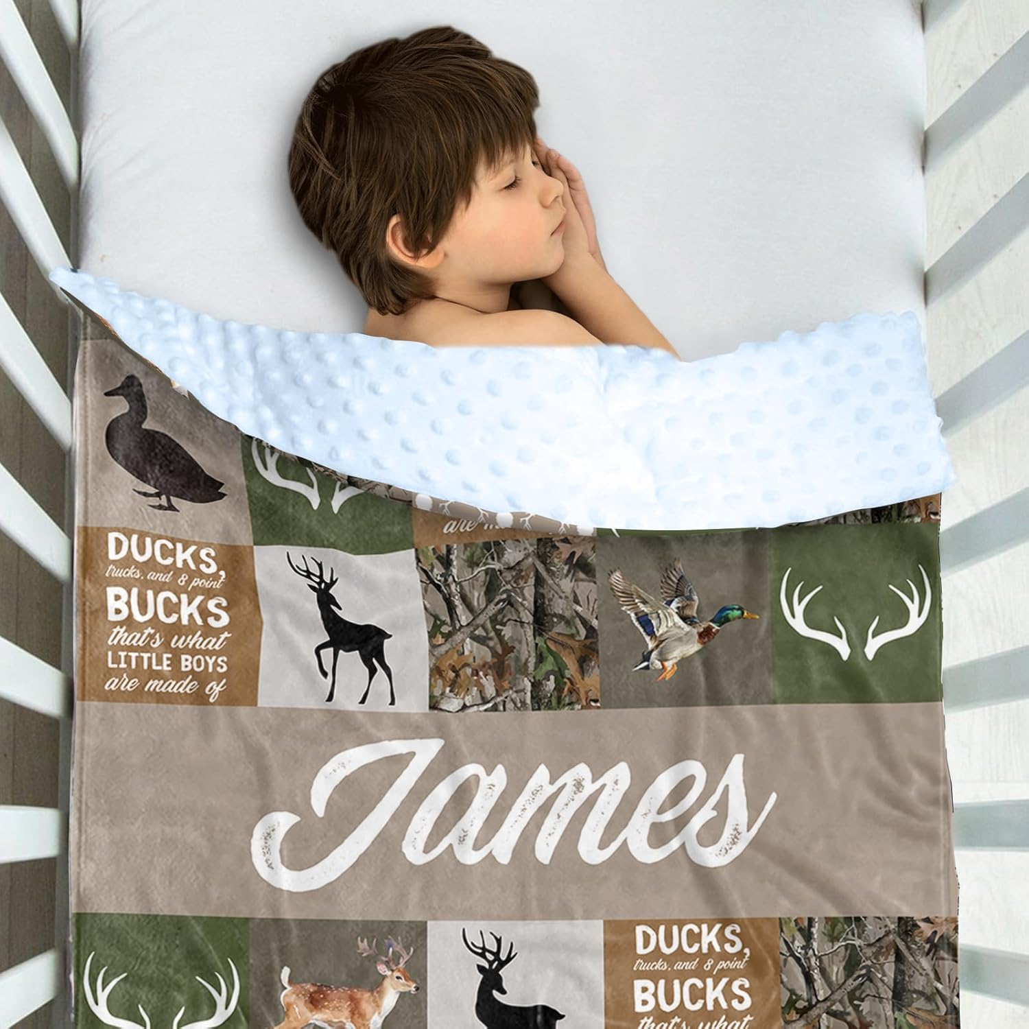 Personalized Baby Blankets for Boys Girls, Custom Name Multi-Grid Deer Baby Blanket, Soft Receiving Blanket for Newborns and Toddlers, Ideal for Baby Showers and Nursery Decor