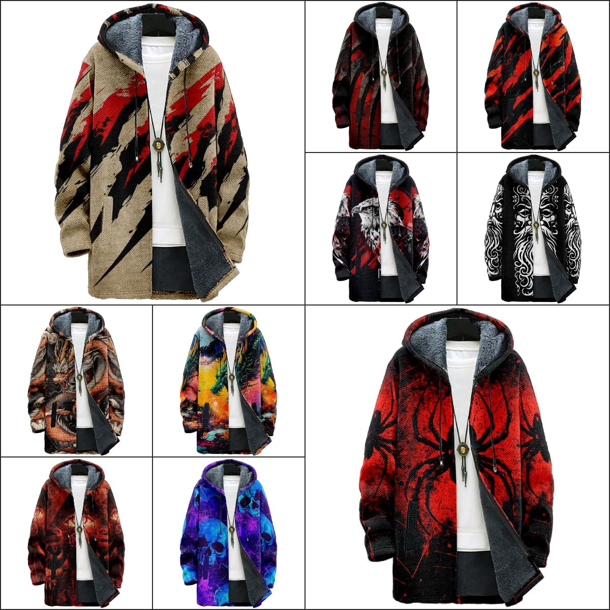MARSVOVO Mens Zip Up Hoodie Long Fall Fleece Lined Cardigan Fashion Cool Graphic Print Knitted Coats Sherpa Jackets - Image 3
