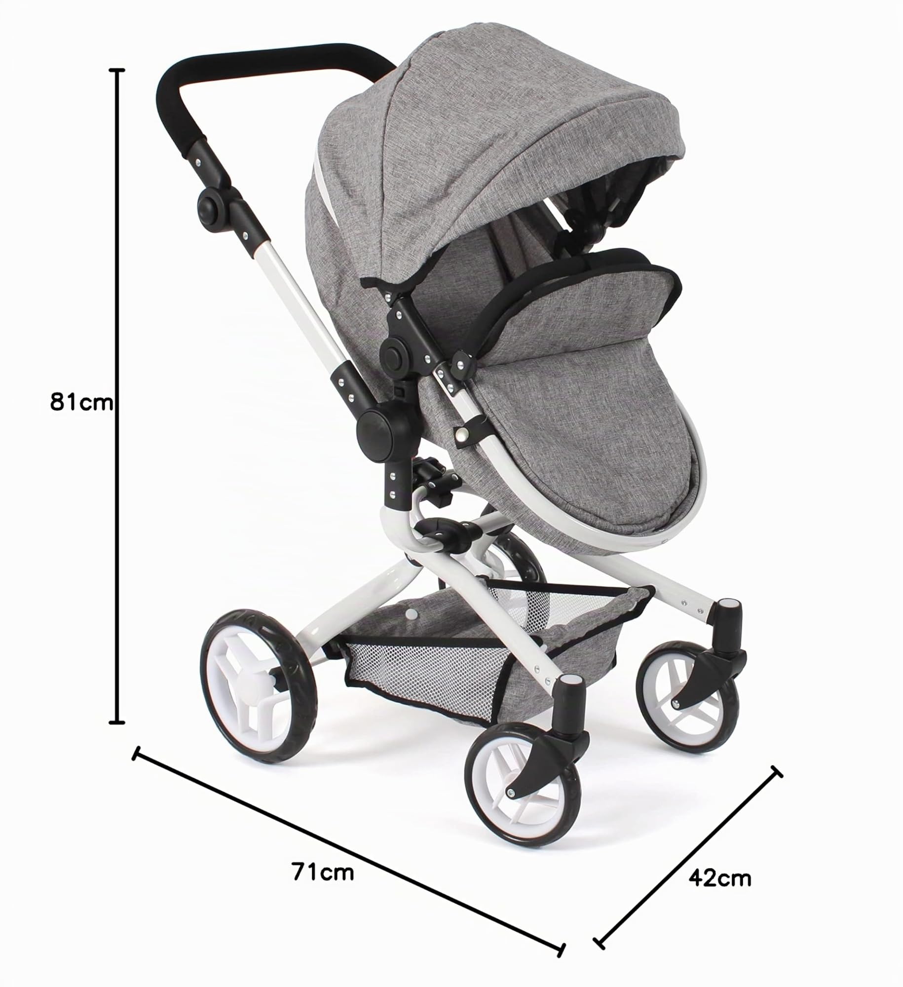 Passeggino per bambole Yolo 2 in 1 per bambini dai 4 agli 8 anni, colore: grigio jeans