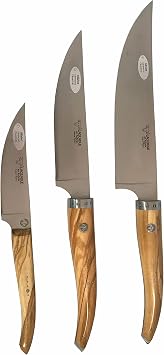 Laguiole en Aubrac Cuisine Gourmet Stainless Fully Forged Steel Made In France Starter 3-Piece Premium Kitchen Knife Set With Olivewood Handles