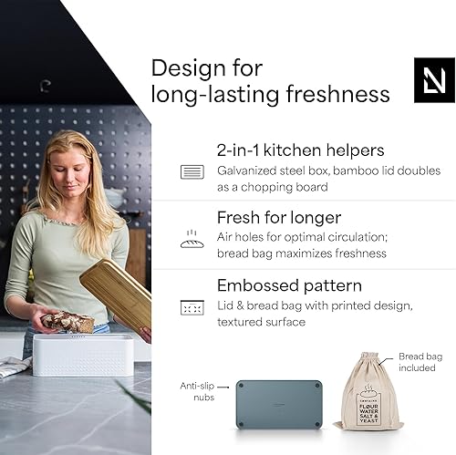 Miniatura 18 de LARS NYSØM Caja de pan I Caja de metal con bolsa de lino para una frescura duradera I Panera con tapa de bambú utilizable como tabla de cortar I
