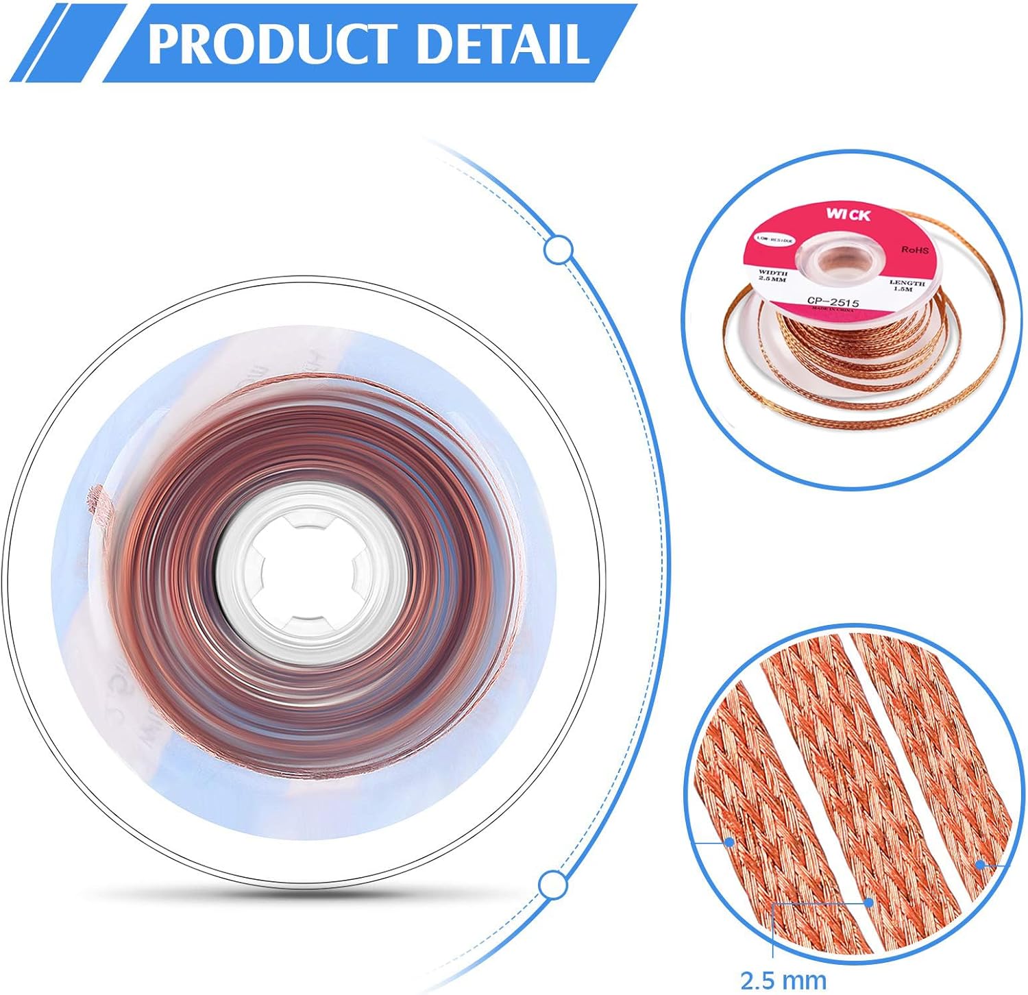 Pack of 2 Solder Wick Braid, 2.5mm W 0.10'' L 5' Solder Wick, Desoldering Wick with Flux No-Clean Electronic Desoldering Copper Wire, Desoldering Wick Braid Remover, Desolder Soldering