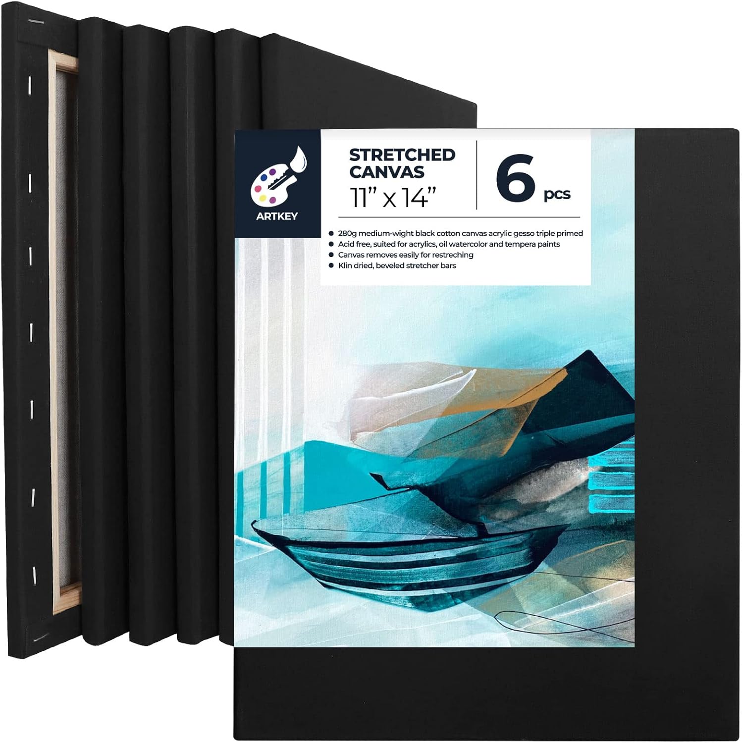 Artkey Black Canvas, 11x14 Inch 6-Pack Stretched Canvases for Painting, 10 oz Triple Primed Acid-Free 100% Cotton Black Canvas for Painting, Paint Canvas for Acrylics Pouring Oil Watercolor Paints