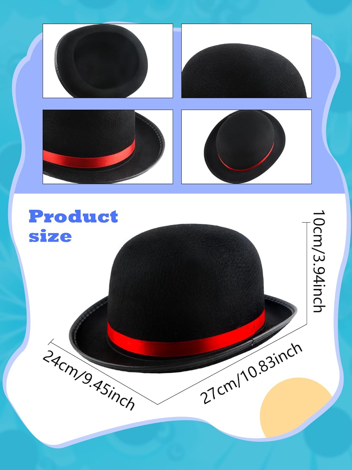 4 Pack Adult Black Bowler Hats Felt Bowler Derby Hat with Red Band Gentleman Hat for Men Women Halloween Cosplay Party Dress up - Image 2