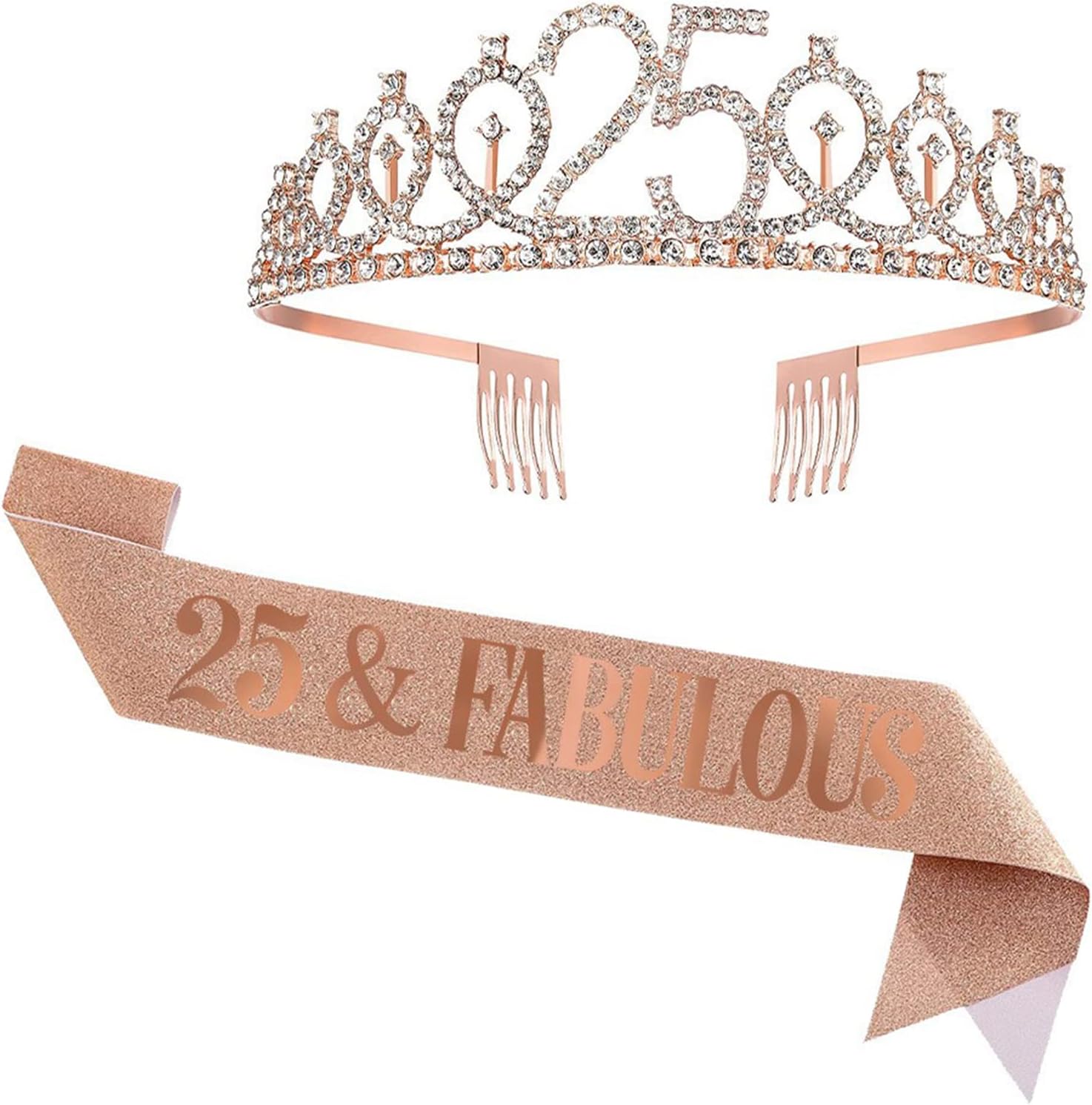 UVATAHONA25th Birthday Sash and Tiara for Girl Women, 25 & Fabulous Sash and Tiara Birthday Crown, Happy 25th Birthday Gifts for Queen Woman Party Favors Supplies and Decorations, Rose Gold