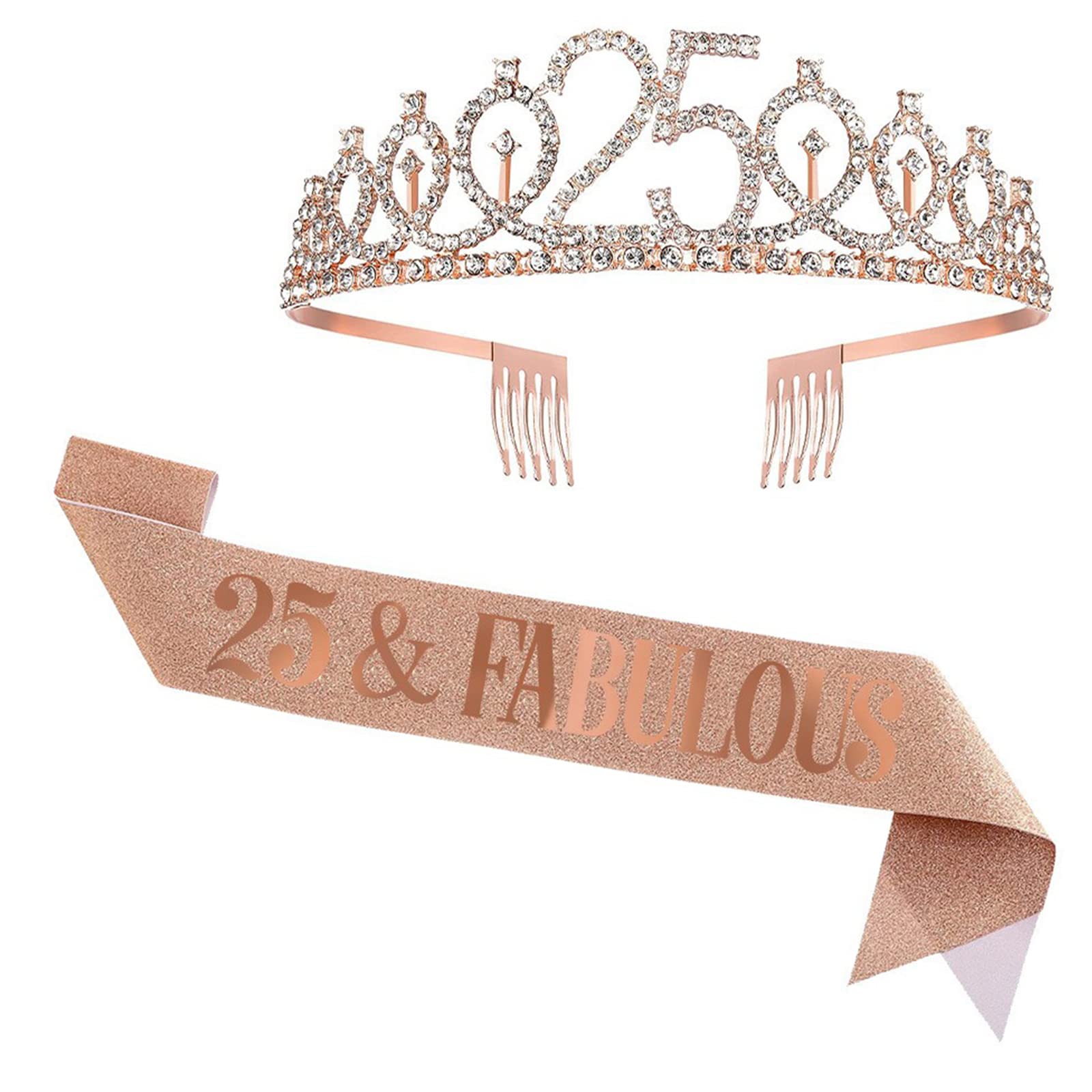 UVATAHONA25th Birthday Sash and Tiara for Girl Women, 25 & Fabulous Sash and Tiara Birthday Crown, Happy 25th Birthday Gifts for Queen Woman Party Favors Supplies and Decorations, Rose Gold