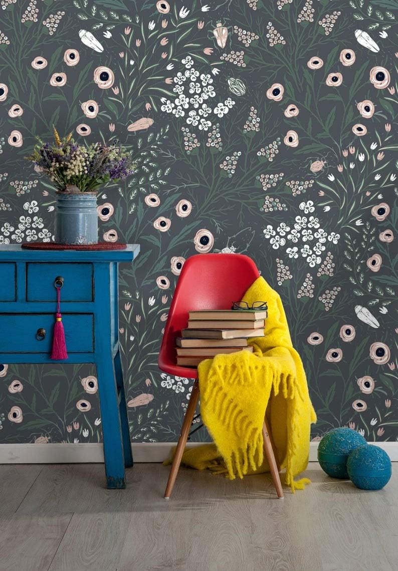 Removable Wallpaper | Peel and Stick Floral Wallpaper | Self Adhesive Flower Wallpaper | Summer Blooms and Beetles (24"W x 60"H Inches)