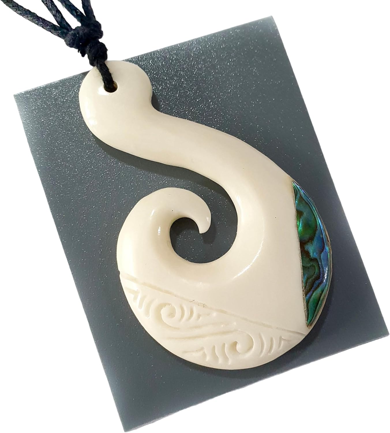 Hand Carved Bone Fish Hook Necklace, Handmade Abalone Necklace, Waxed Cord Fish Hook Bone Necklace for Women Men Jewelry EA360 - Image 7