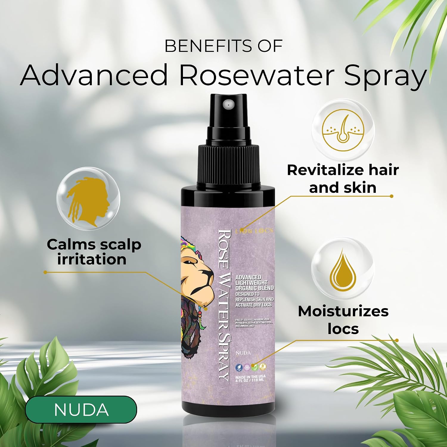 Lion Locs Rosewater Moisturizing Spray for Locs and Skin | Organic Vegan Conditioner Rose Water for All Hair Types.