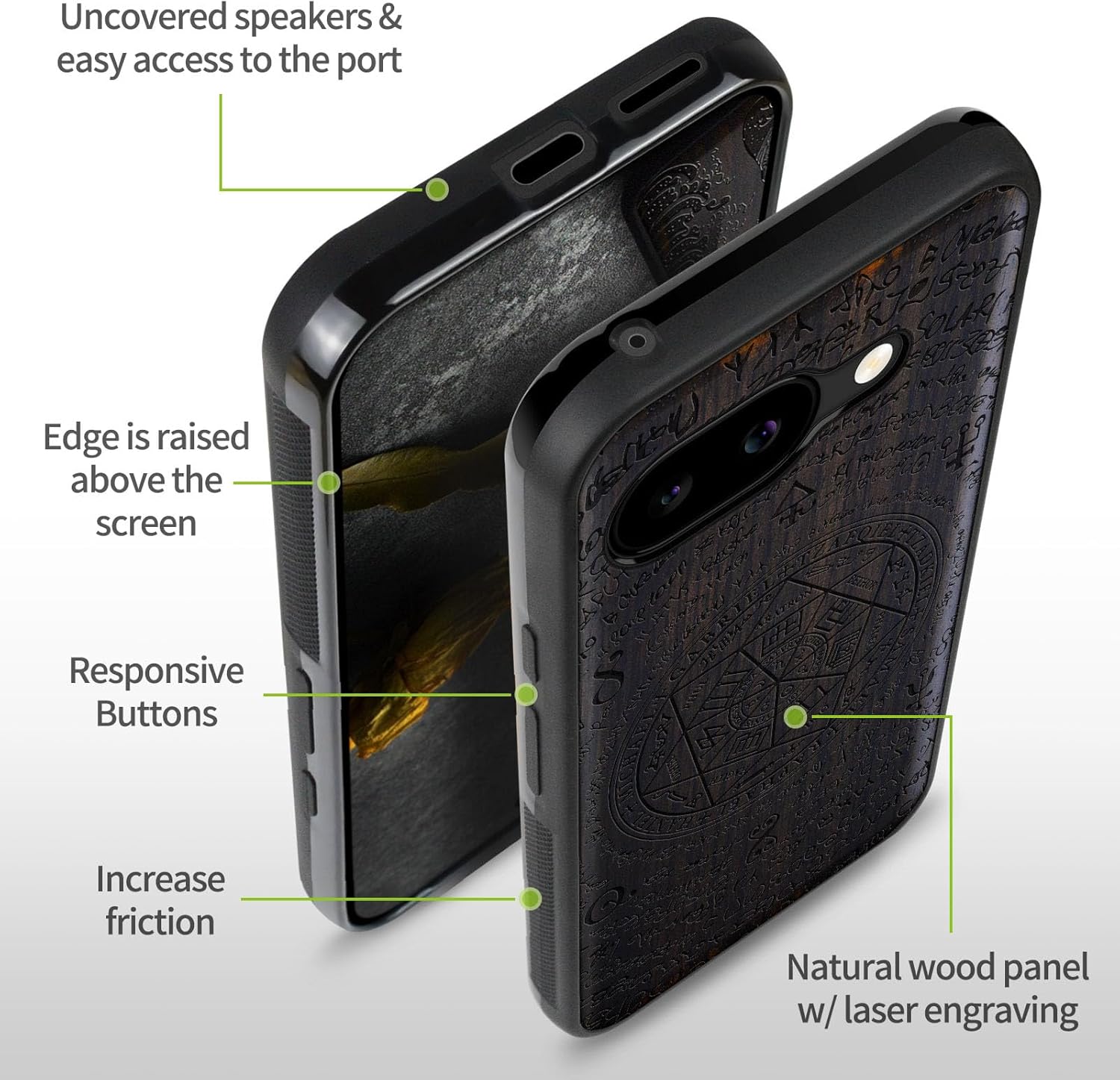Carveit Magnetic Wooden Case for Google Pixel 9a Case, Wood Artisan Engraved & Soft TPU Shockproof Cover, Compatible with MagSafe Wireless Chargers (Rchangel Solomon's Seals) Blackwood