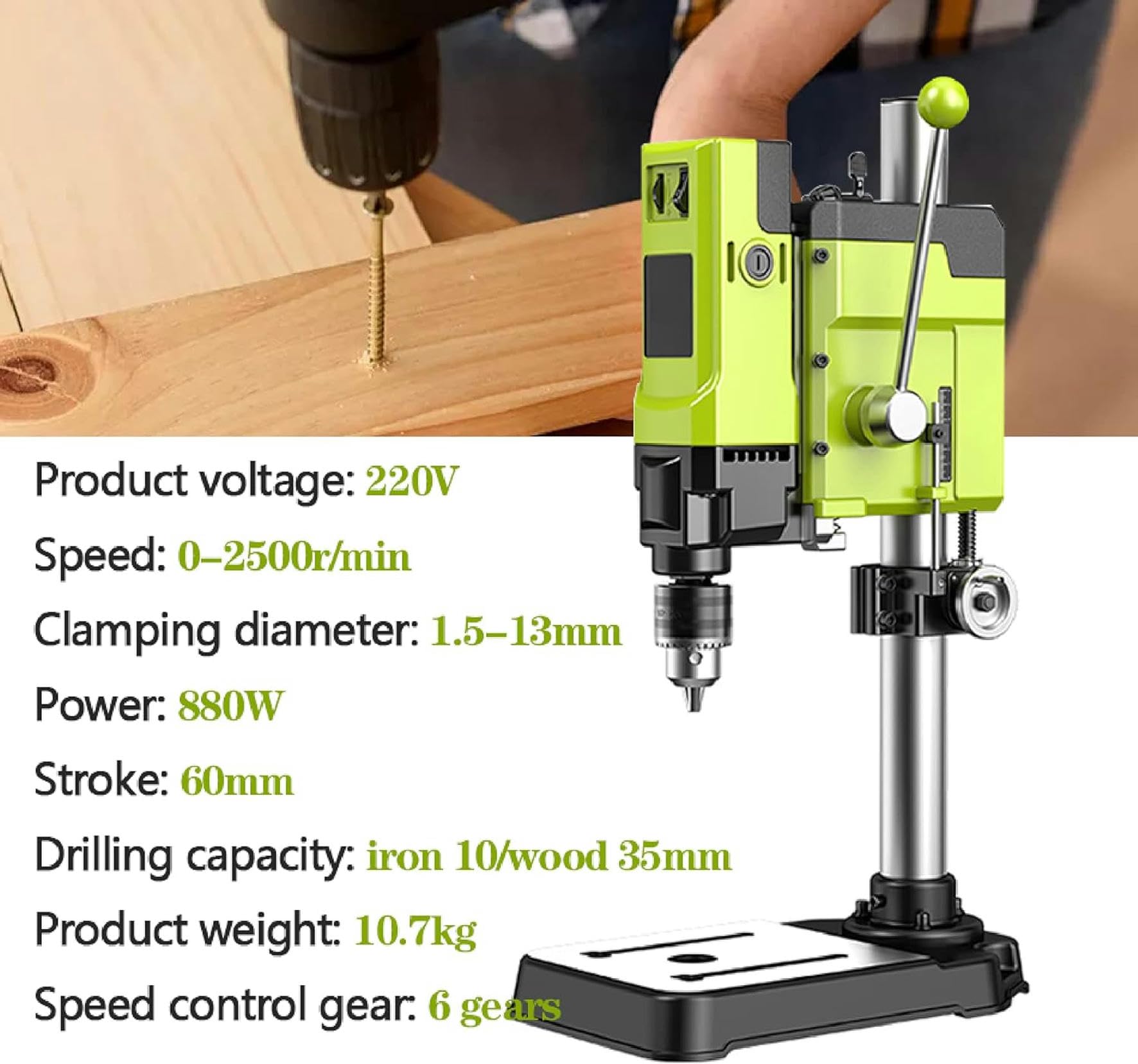 Taladro de Columna 880w, Taladro de Mesa Taladro de Columna Profesional 6 Velocidades Banco Trabajo para Bricolaje y Reparaciones Profesionales