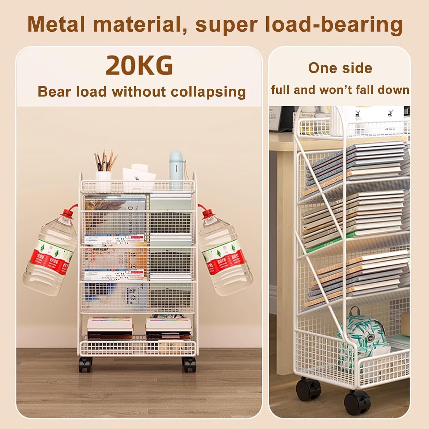 PEYNIR Libreria semplice Carrello per libreria mobile Scaffali per libri mobili con rotelle con serratura Carrello per libreria unico con cestello portaoggetti laterale
