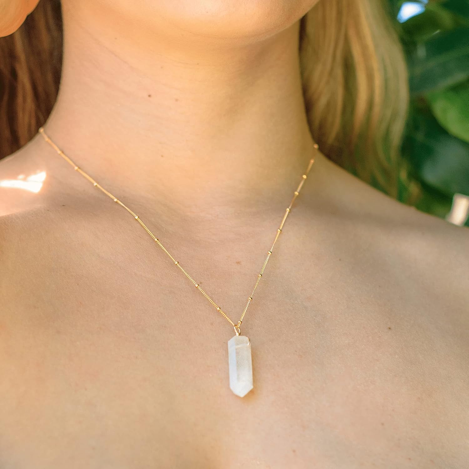 Luna Tide Rainbow Moonstone Large Crystal Point Necklace in 14k Gold Fill Satellite