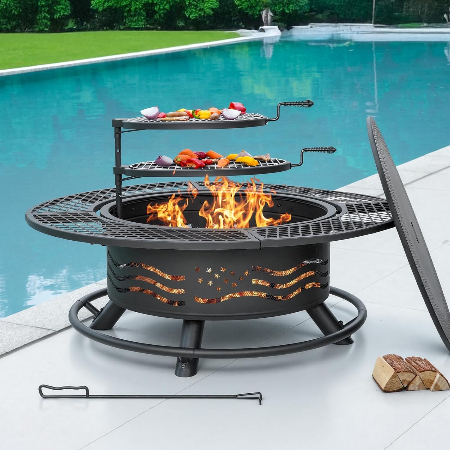 47 Inch Fire Pit with 2 Cooking Grates, Outdoor Wood Burning BBQ Grill Firepit Bowl with Cover Lid, Steel Round Table for Backyard Bonfire Patio Picnic (Black, 47IN)
