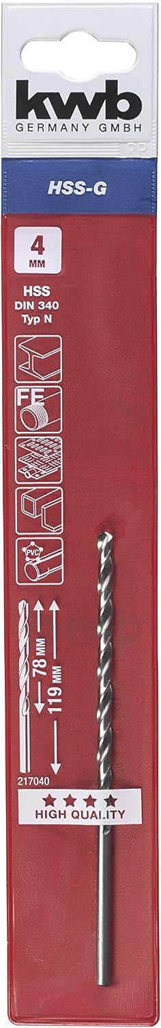 kwb HSS Metal Drill Bit Ø 4mm, Extra Long, Right-Cutting, Pointed Edge, Drill Machine Accessory