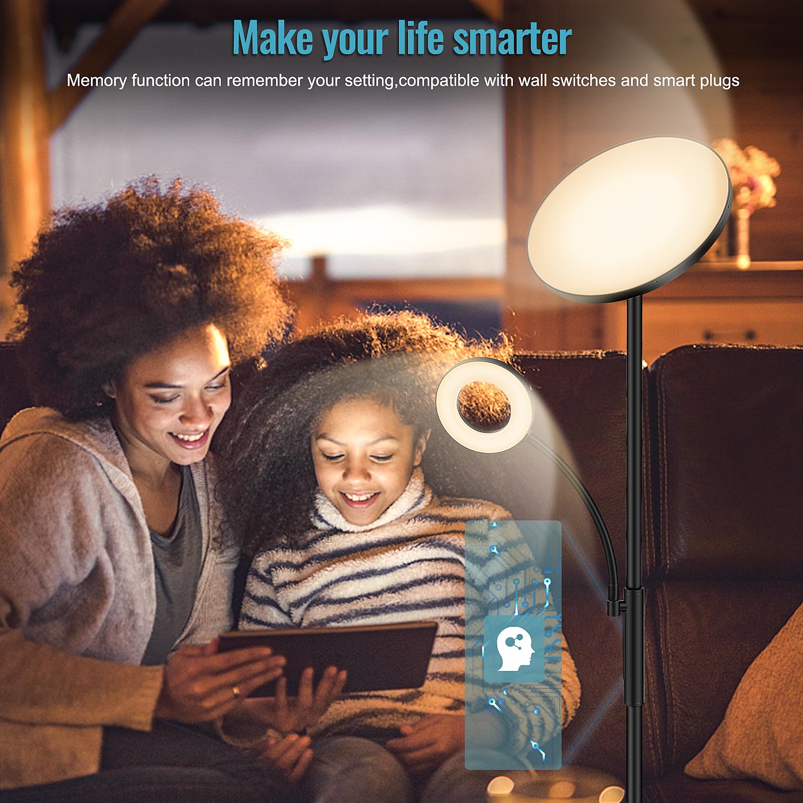 LED Stehlampe Wohnzimmer Dimmbar, 42W 3600LM Deckenfluter mit Leselampe, Fernbedienung & Touchsteuerung, 1-Minuten-Installation, Stehlampe Modern für Wohnzimmer, Büro, Esszimmer, Schlafzimmer(Schwarz)