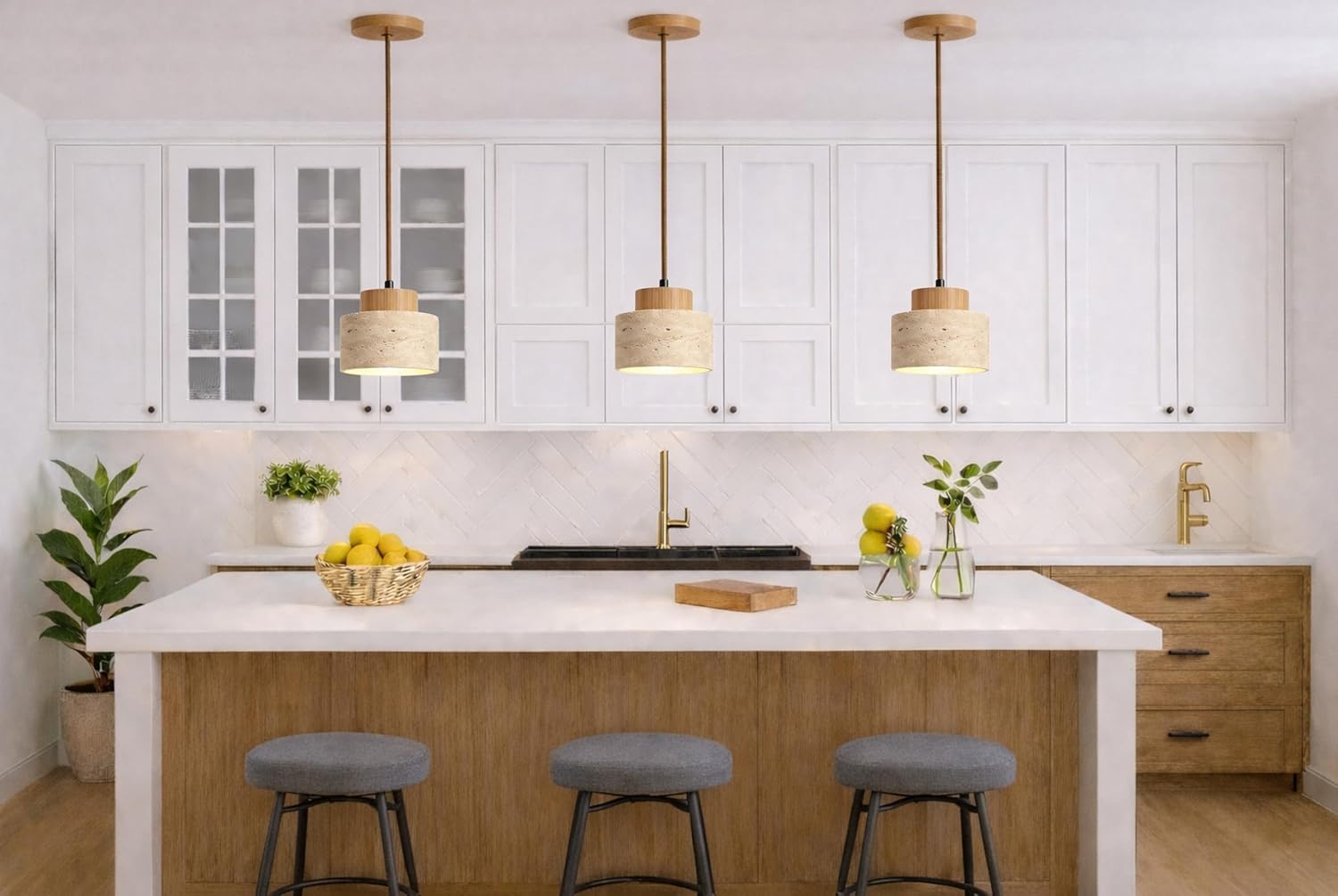 Wabi Sabi Natural Stone and Wood Pendant Light,4.7Inch Small Hanging Pendant Lamp,Modern Vintage Rustic Minimalist Fixture for Bedroom, Dining Room, Kitchen Island, Cafe, Hallway (Wood Color, PCS, 2)