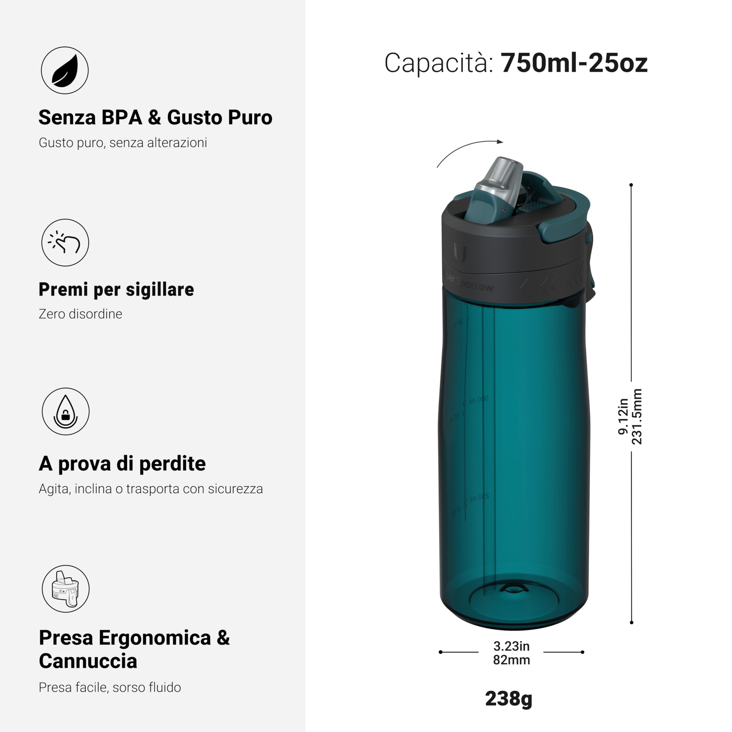 Sparrow Borraccia - 500ml, 750ml, 1L - TouchFlow Bottiglia Senza BPA - Senza Perdite Borraccia Cannuccia - Borracce Sportiva Flusso Rapido Con Un Clic per Scuola, All'aperto