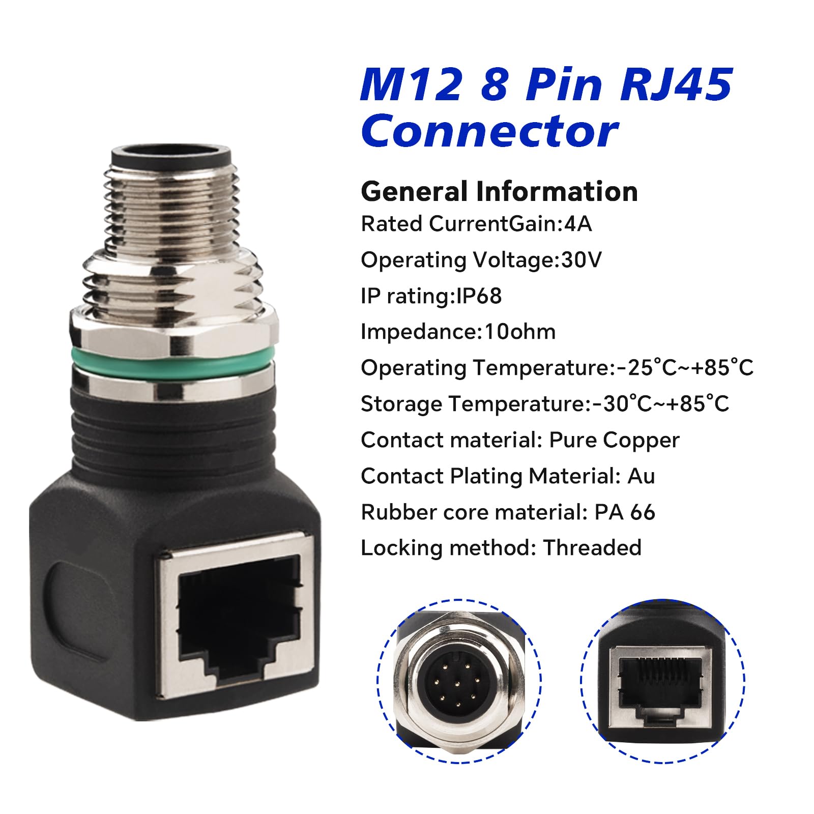 Adattatore M12 maschio 8pin-RJ45, 90°, plastica, IP68, adattatore industriale schermato per fotocamera, sensore