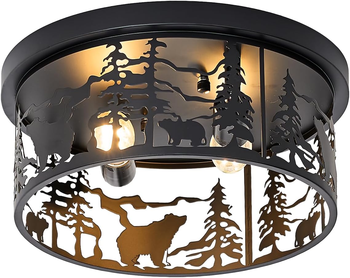 Farmhouse Rustic Bear Ceiling Light Fixtures, Vintage Industrial Cage Ceiling Lamp, 2-Light Black Flush Mount Ceiling Light for Bedroom, Balcony, Entryway, Hallway