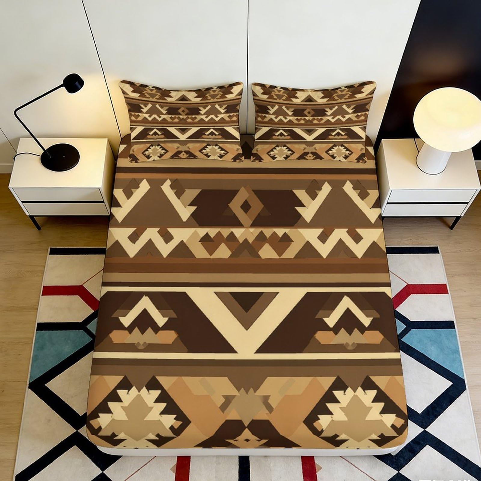 3D Printed Geometric Tribal Fitted Sheet Microfiber Soft Brown Aztec Mattress Cover for Bedroom Guest Room Decor 90x200x25cm
