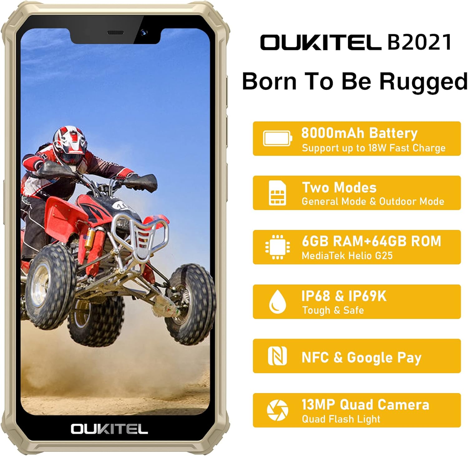 Authentic Crazy Deals Rugged Smartphone, OUKITEL B2021 8000mAh 5.86 HD+ Unlocked Phones, 6+64GB Android 10 IP68 Waterproof Rugged Phone, 13MP Camera NFC, 4G Global Dual-SIM, Face/Fingerprint ID Rugged Cell Phone (Black)