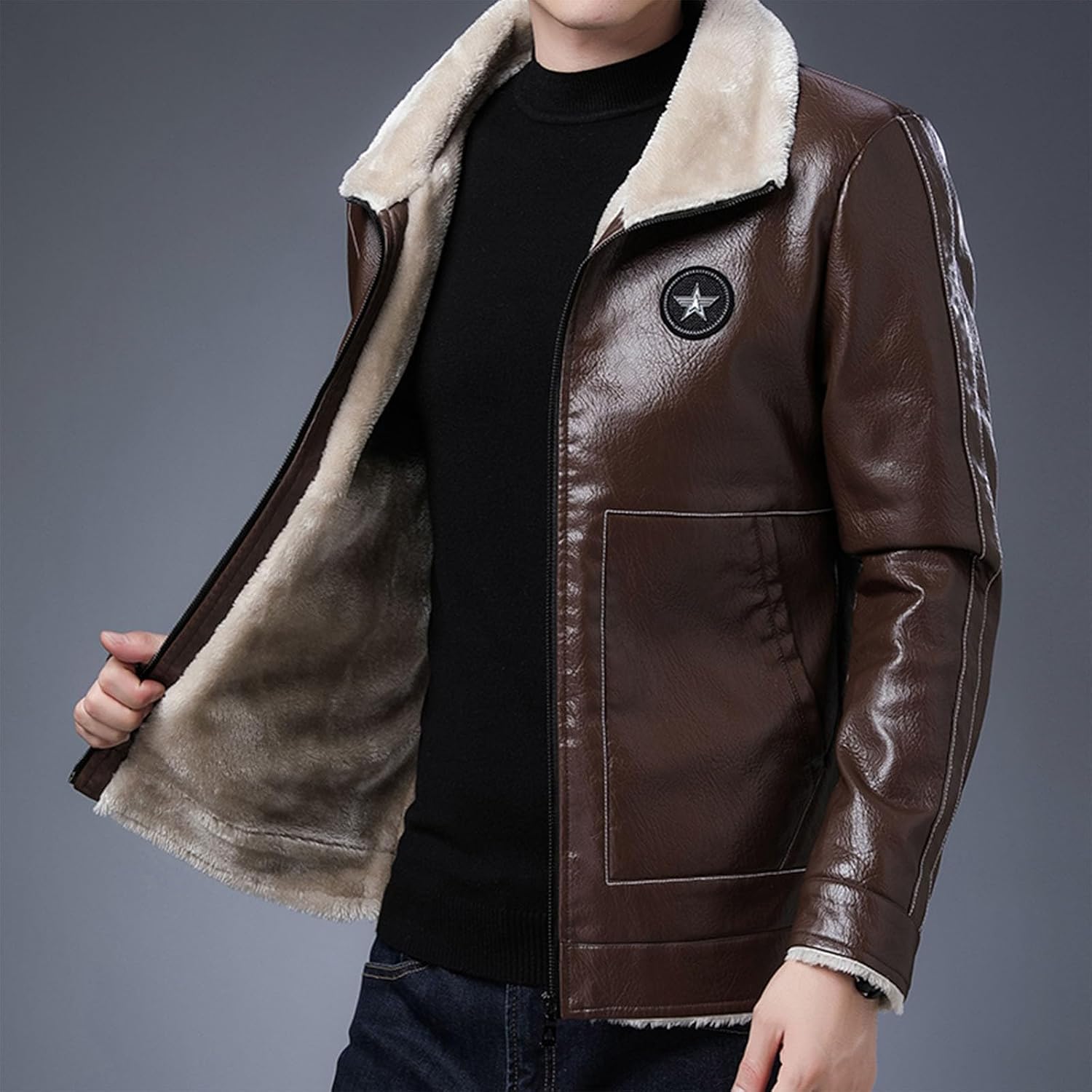 Men's Faux Leather Sherpa Lined Jacket Trucker Jackets Biker Coats Full Zip Fleece Fuzzy Motorcycle PU Winter Jacket