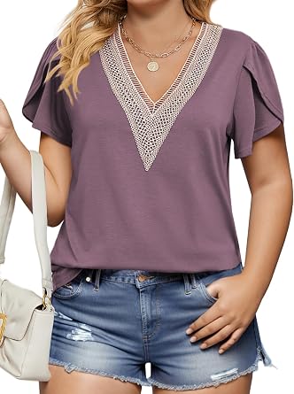 VOGRACE Plus-Size-Womens-Summer-Tops Lace Trim V Neck T Shirts Petal Short Sleeve Tunics Trendy Going Out Blouses XL-5XL