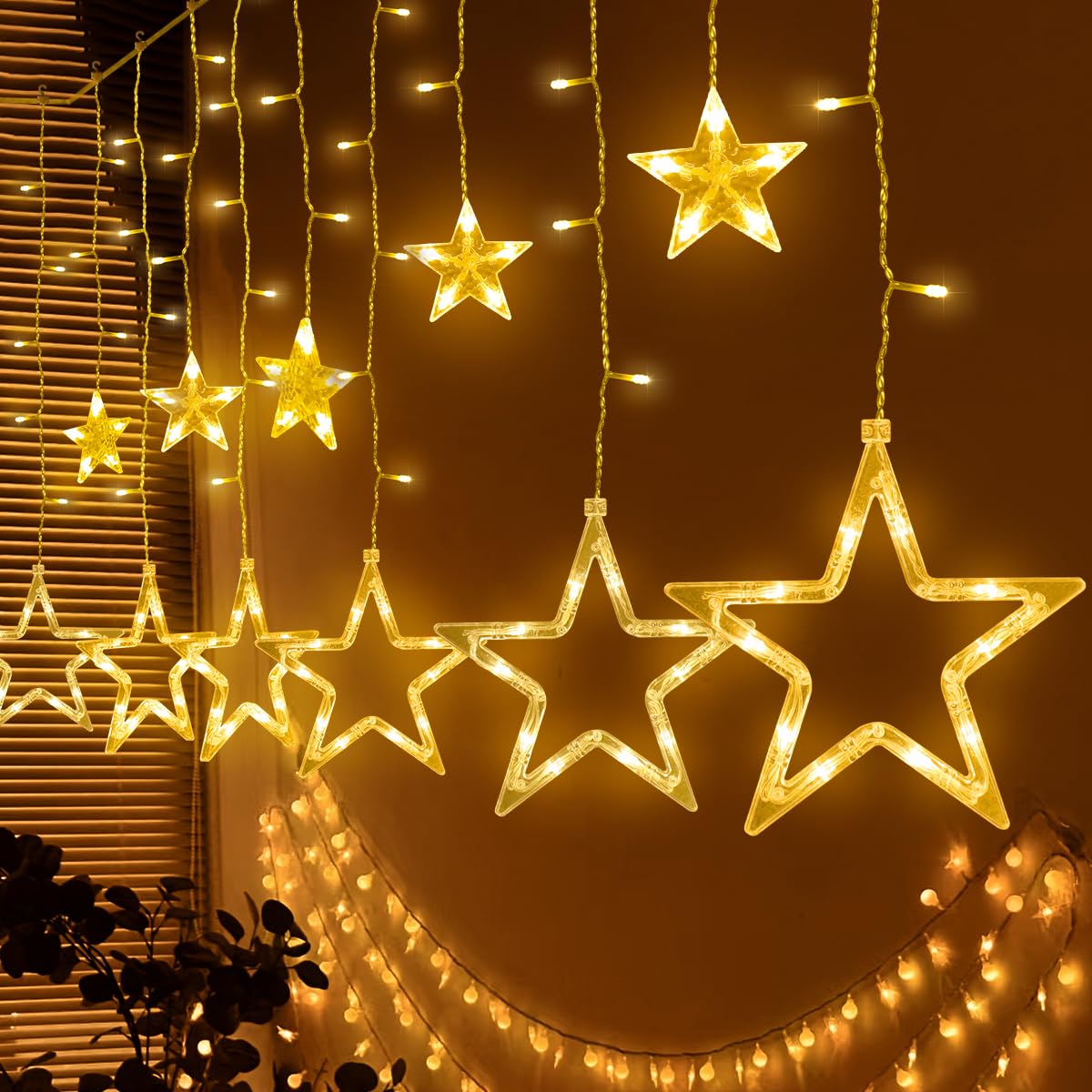 HappiHause Cortina de luces 12 estrellas 138 LEDs, luces de Navidad 31V 8 Modos, cortina de estrellas con temporizador para interiores Navidad fiestas bodas jardines balcones Decoración, luz cálida