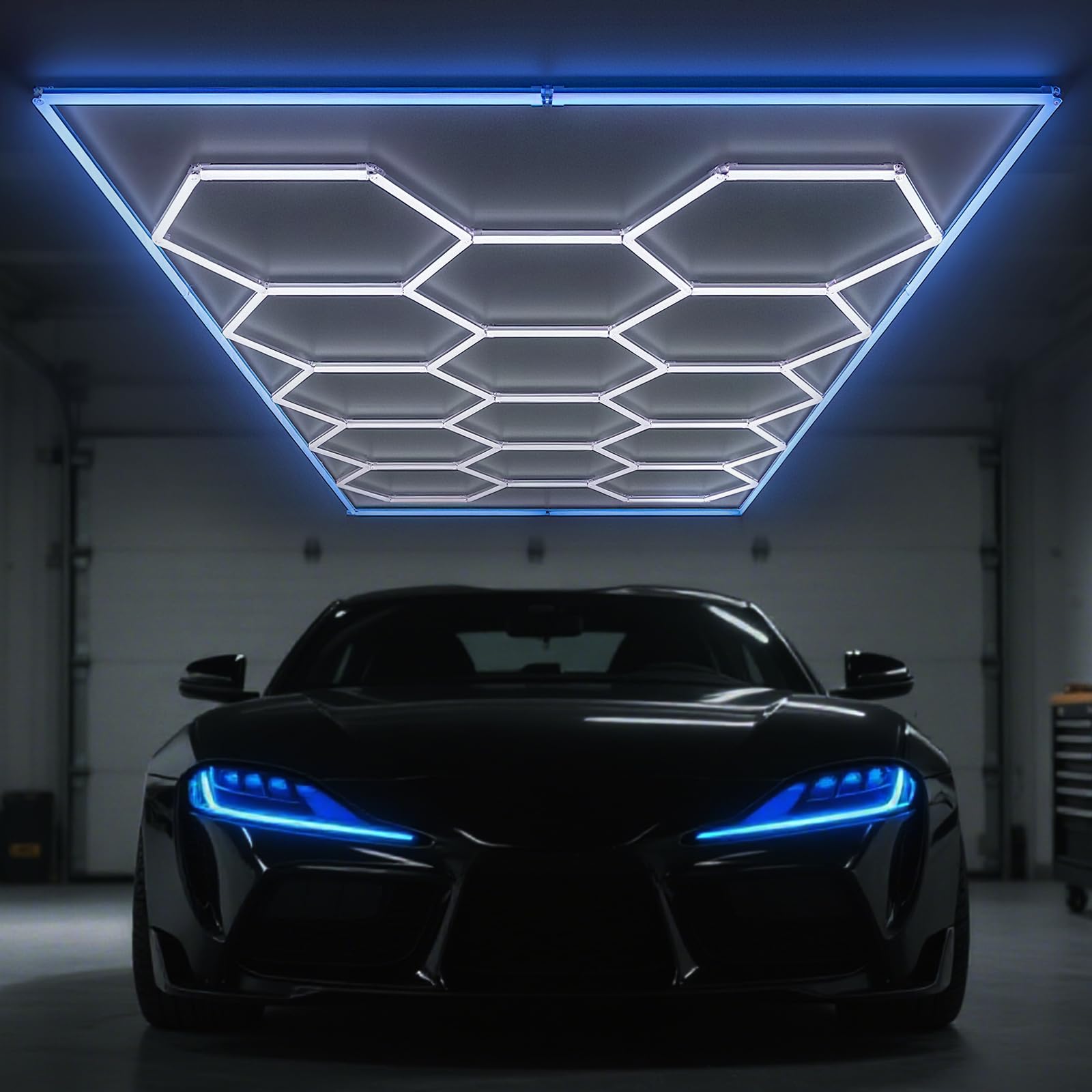Zpehyrin Blue Hexagon Led Garage Lights - 14 Grids 6500K, Waterproof High Brightness Linkable Hexagonal Lamps, Ceiling Lighting For Workshop, Studio, Gym