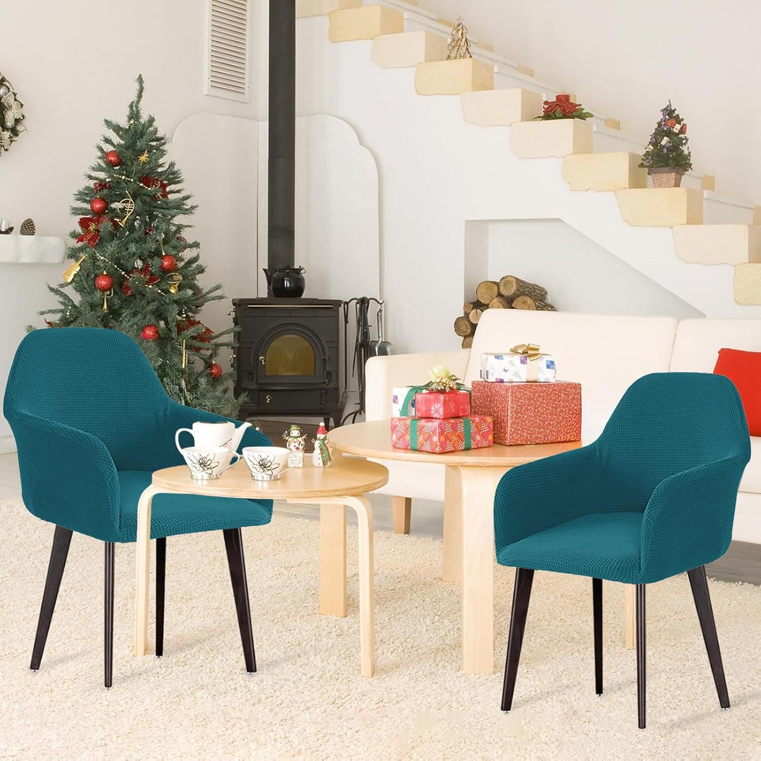 Curved Back Dining Chair Covers with Arms Set of 4, Checkered Swivel Chair Covers Reusable Modern Accent Vanity Chair Slipcover with Armrest for Dining Room Office-Turquoise Blue-4 Pack