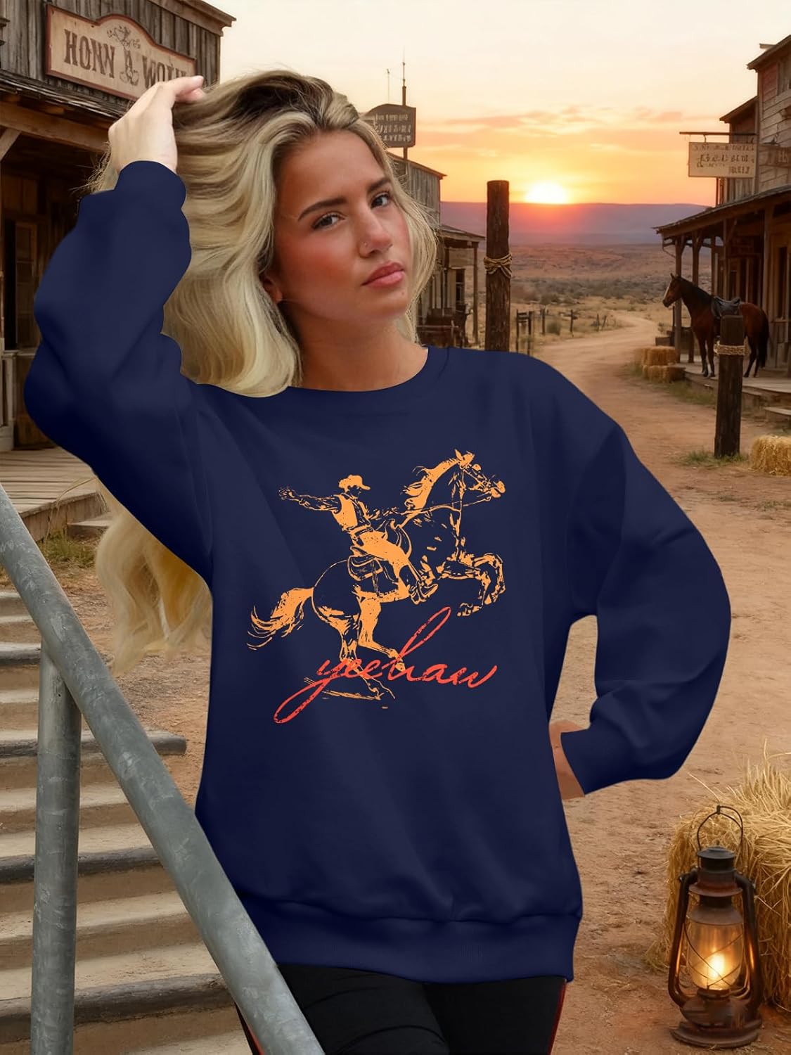FASHGL Western Sweatshirts for Women Rodeo Cowgirl Sweatshirt Vintage Cowboy Graphic Shirts Country Concert Long Sleeve Shirt - Image 4