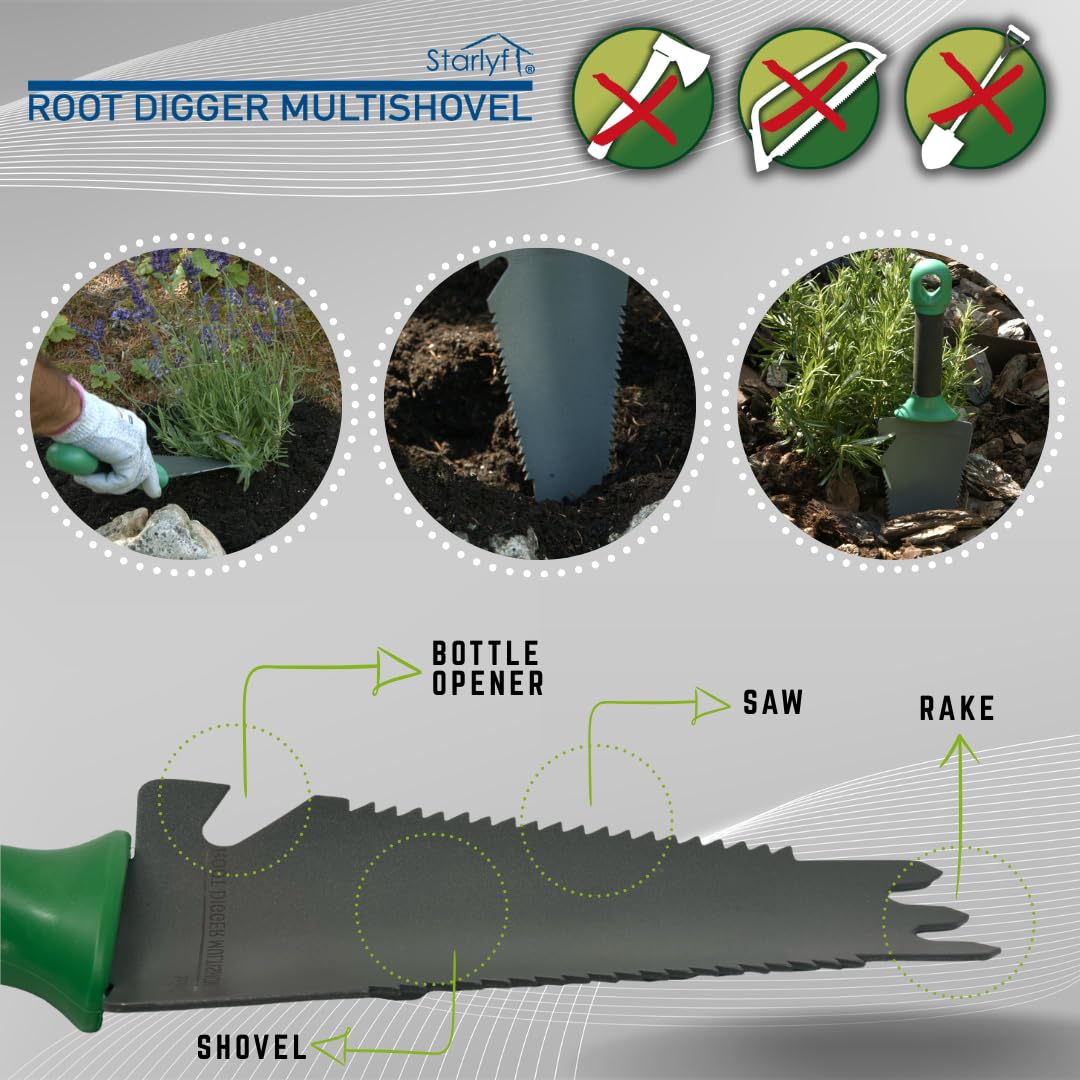 STARLYF Multishovel Pelle Root Digger 4 En 1 - Truelle Dentelée Avec Scie, Râteau Et Décapsuleur Pour Jardinage