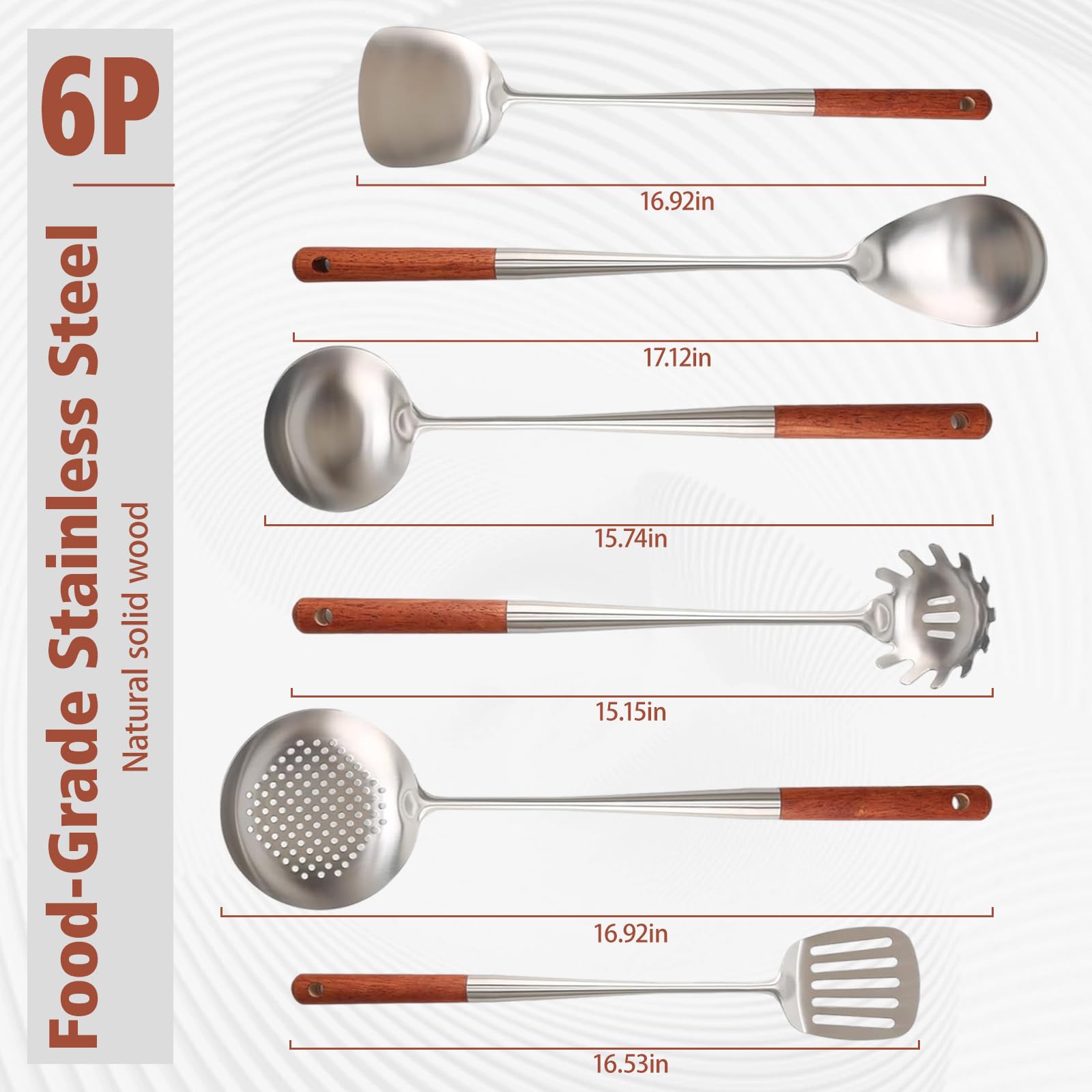 Set Utensili Cucina 6 Pezzi, Mestoli Cucina Acciaio Inox con Mestolo, Schiumarola, Tornitore Con Intaglio, Paletta Cucina, Mestolo da Zuppa, Server per Pasta (Manico In Legno)