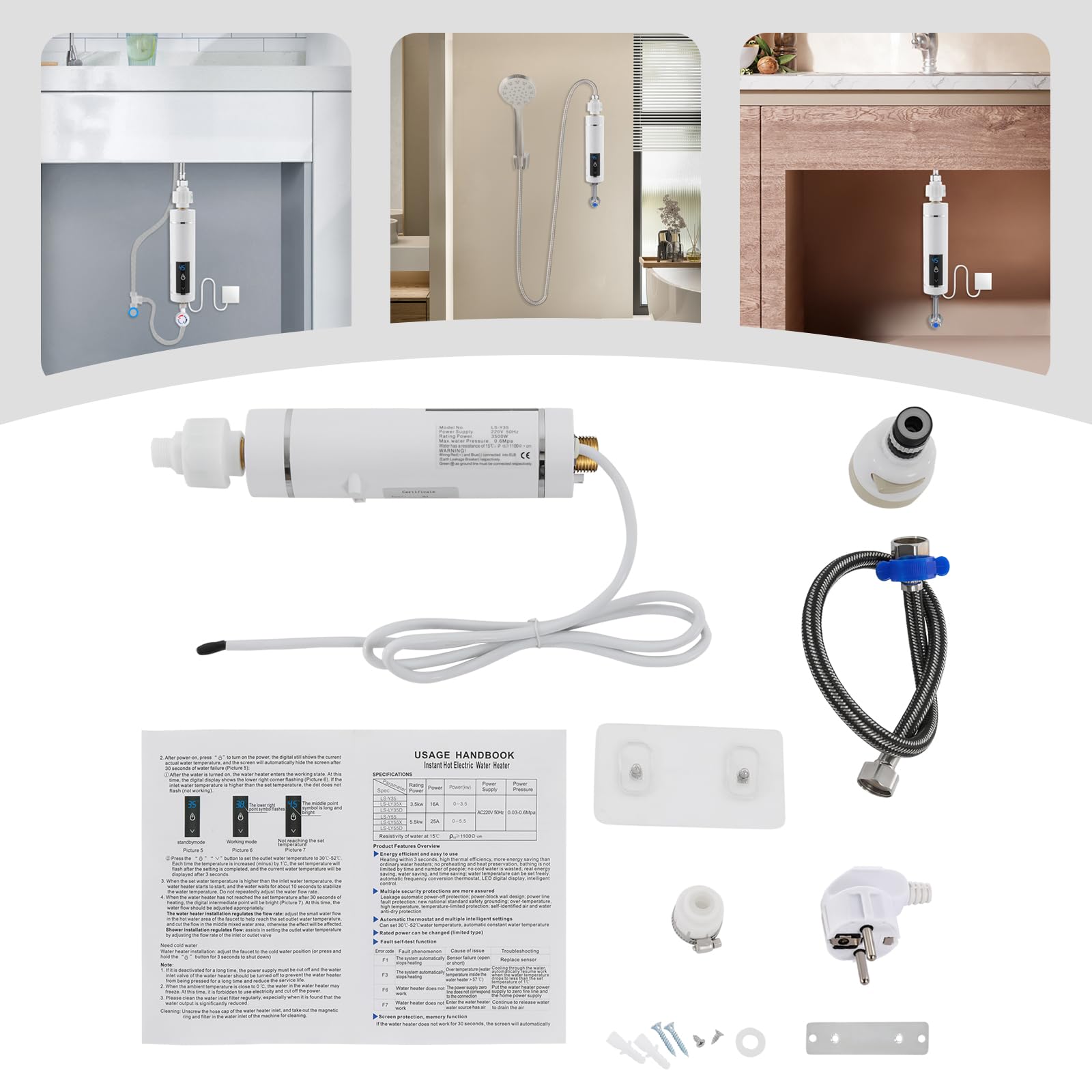 Calentador de agua eléctrico instantáneo compacto para montaje en pared, calefacción instantánea con control de temperatura inteligente para cocinas y baños (blanco)