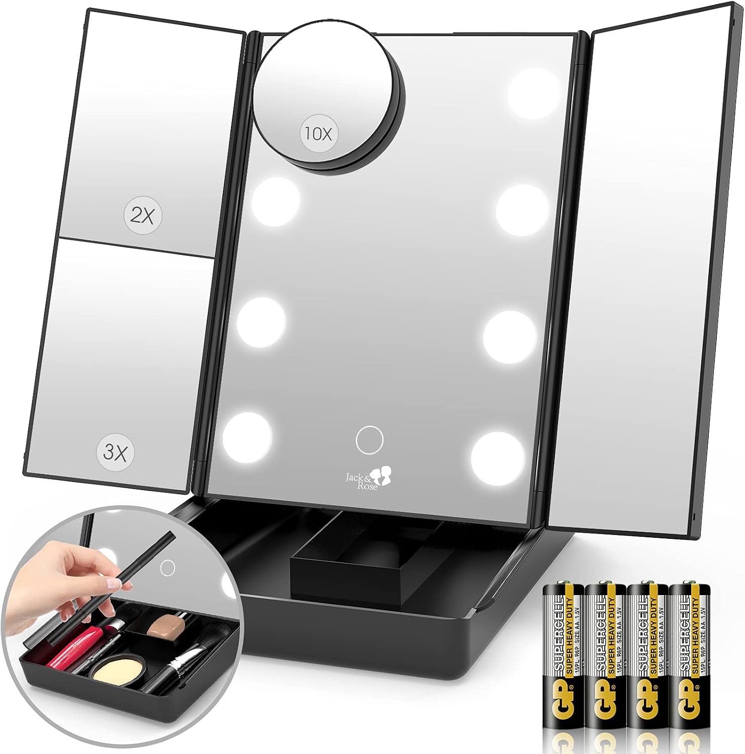 Jack & Rose Makeup Mirror Vanity Mirror with Storage Box, Trifold 8 Makeup Mirror with Lights, Touch Screen and 1x/2x/3x/10x Magnification, Dual Power Supply, LED Lights Make Up Mirror