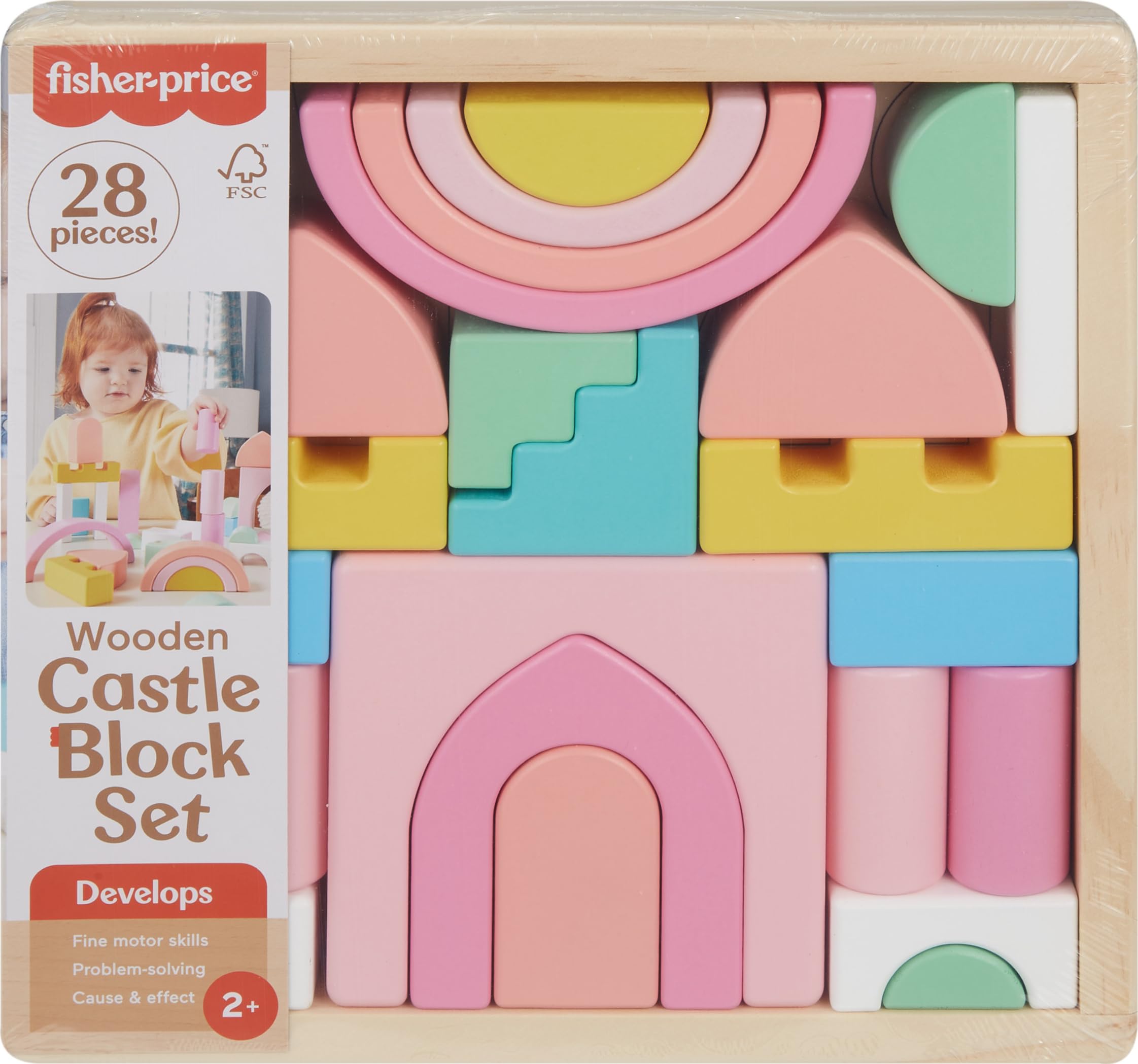 Fisher-Price Wood Toddler Toy Castle Block Set, 28 Wooden Pieces for Stacking Developmental Play Preschool Kids Ages 2+ YearsThe Forest Stewardship Council