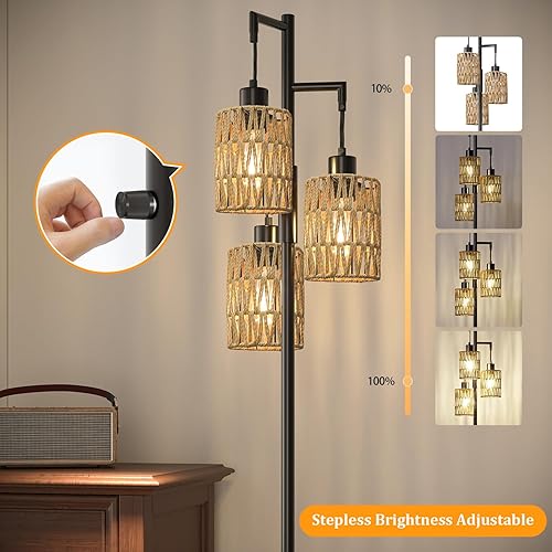 Miniatura 2 de Oneach Lámparas de pie de 68 pulgadas para sala de estar, lámpara de pie bohemia regulable con 3 bombillas, lámpara de árbol de esquina industrial