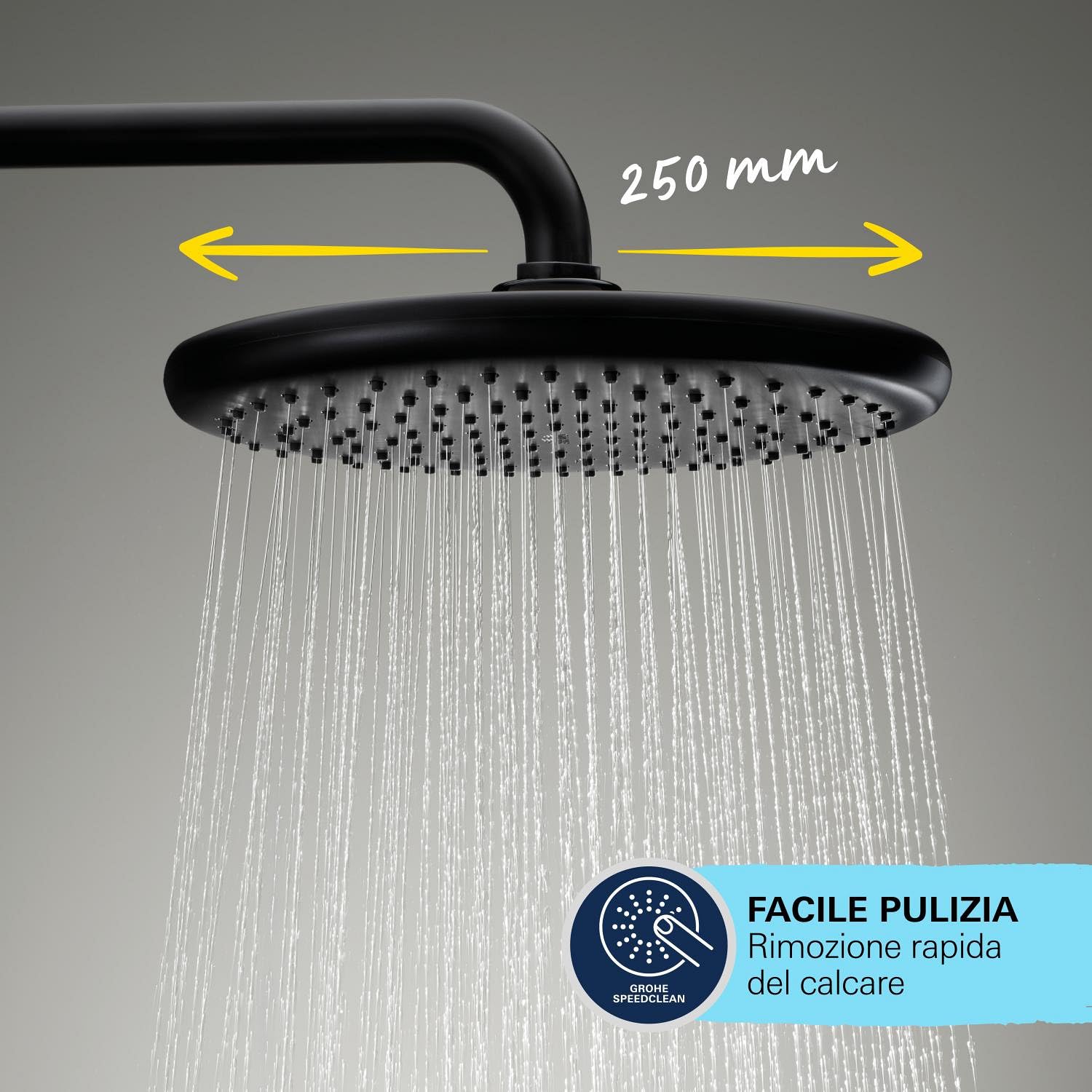 GROHE Vitalio Start 250 – Sistema doccia con termostatico (soffione doccia tondo da 25 cm 1 getto, doccetta tonda da 11 cm 2 getti, flessibile da 1,75 m, risparmio idrico), nero opaco, 266772431