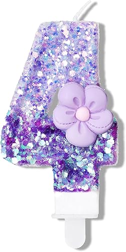 Velas número 4, velas de cumpleaños con número de flor morada para pastel, velas de números morados que crean un ambiente romántico y cálido