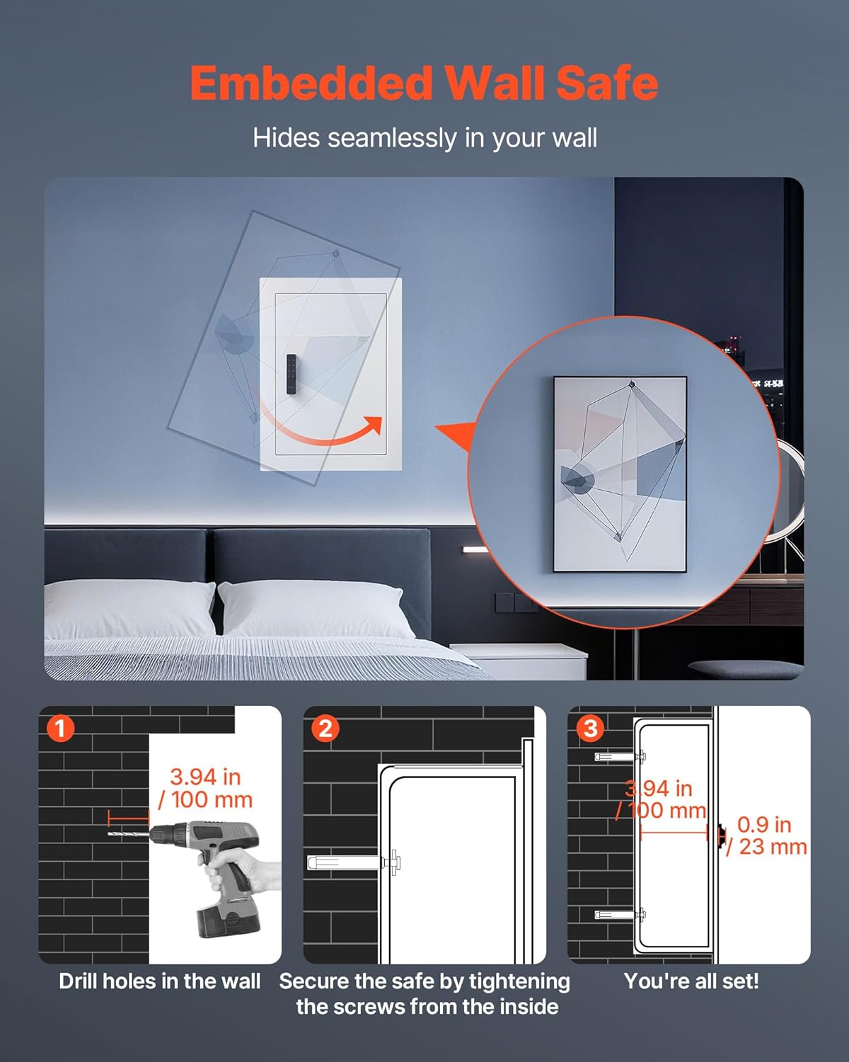 VEVOR 22" High Wall Safe, 3-Tier Hidden Wall Safe with Password, Key & Turning Knob, Q235 Cold-Rolled Steel In-Wall Box with Adjustable Shelves & Mounting Holes for Money, Jewelry, Passport, White